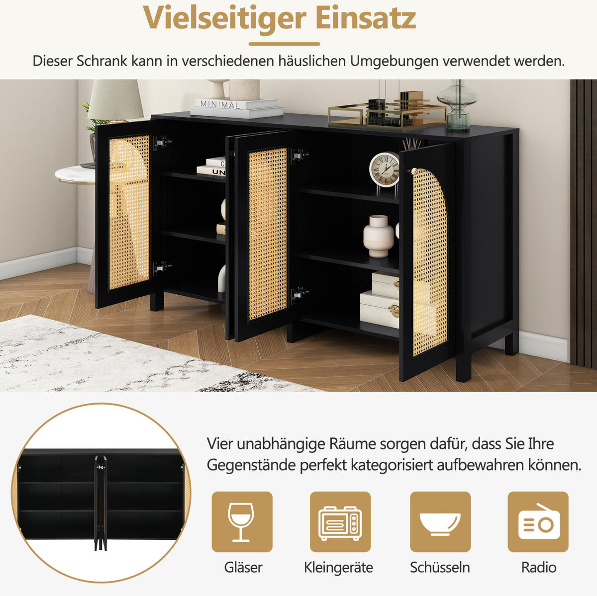 SIDEBOARD 145/80/40 cm Schwarz aus MDF mit 4 Rattantüren - Schwarz, Holzwerkstoff (80/40/145cm) - OKMYHOME