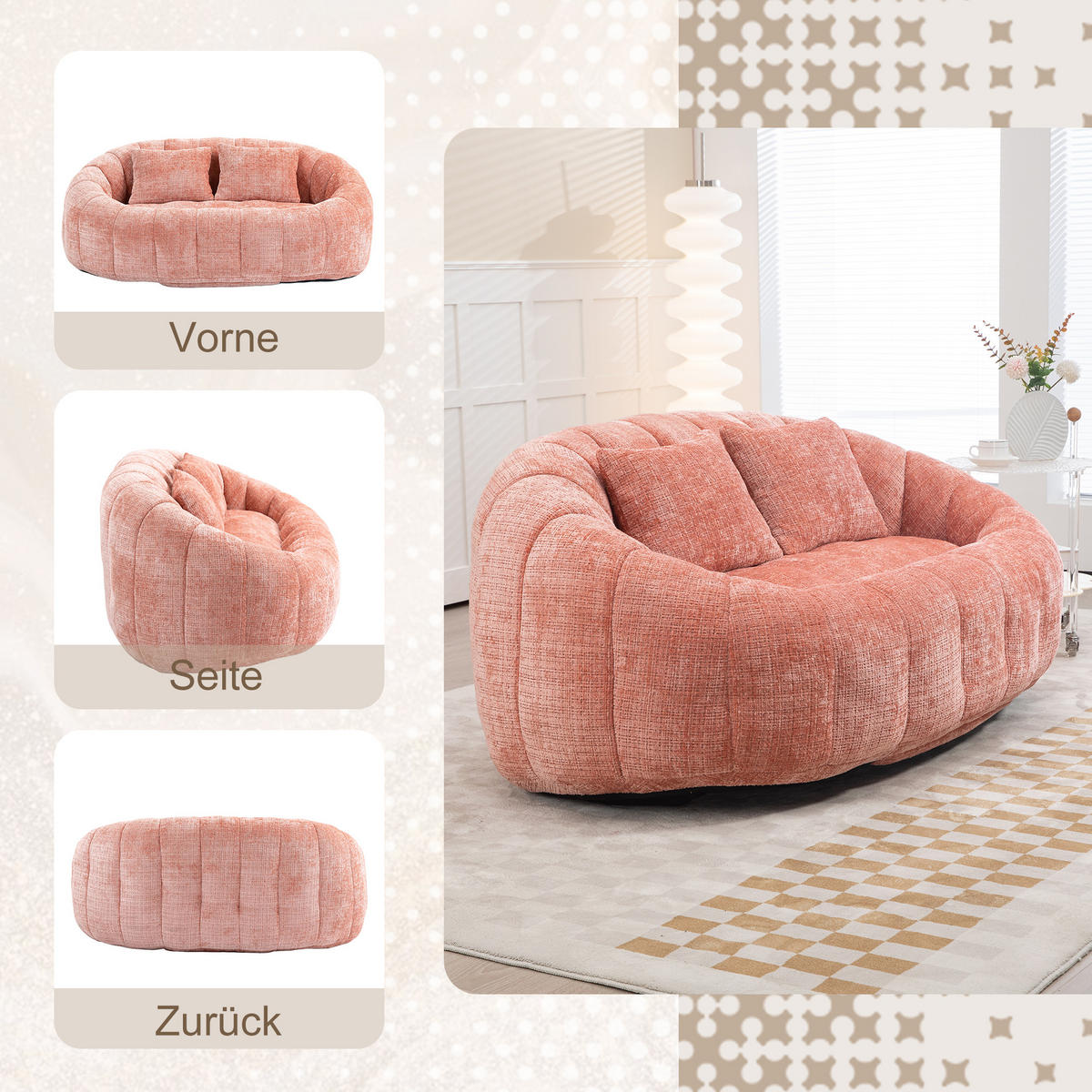 2-SITZER SOFA aus Chenille mit Memory Schaum & ohne Montage - Pink, Textil (150/63/95cm) - Urban Meuble