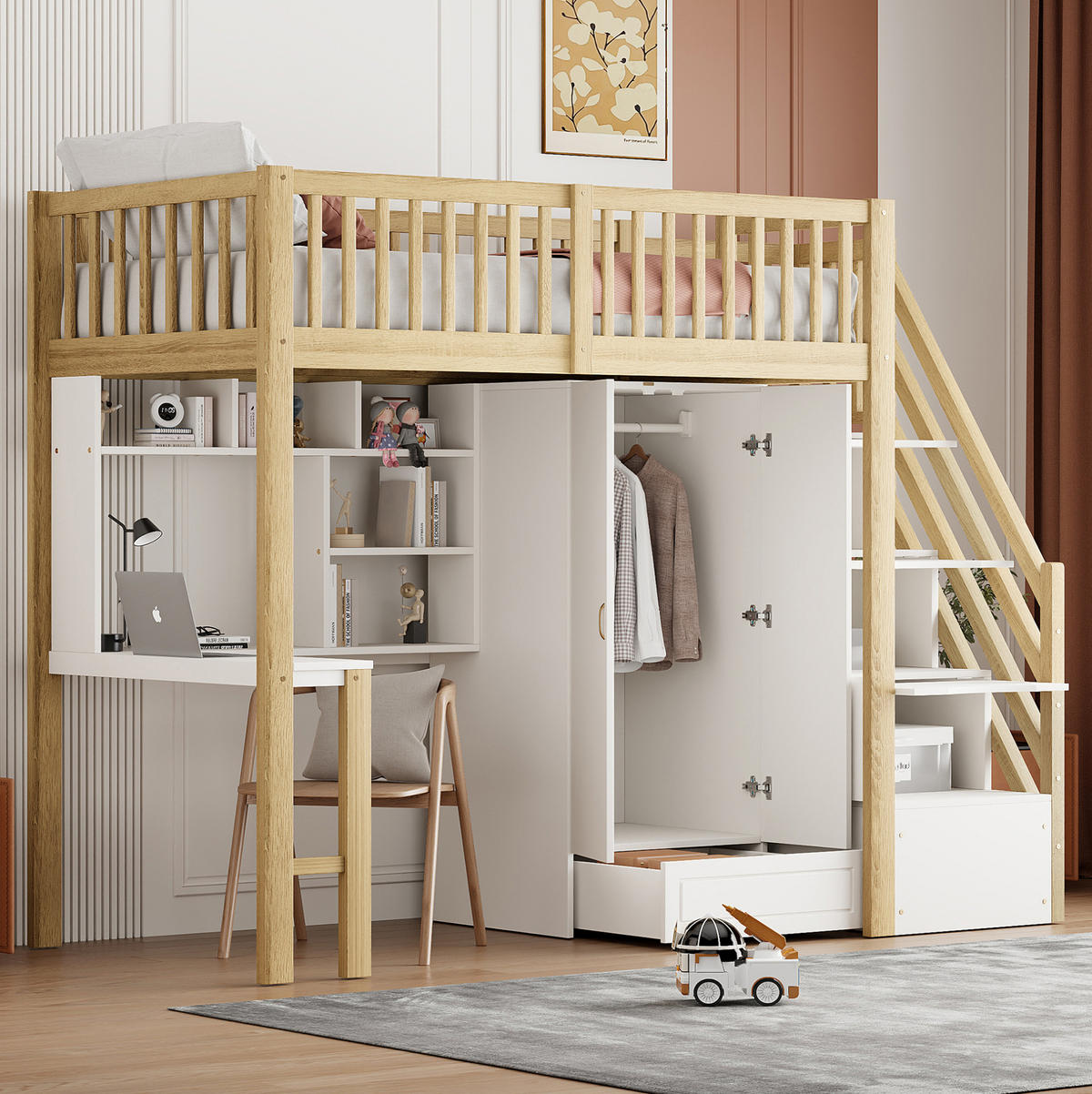 HOCHBETT 90/200 cm aus Kiefernholz, Sperrholz und MDF mit Kleiderschrank und Tisch - Naturfarben, Holz (90/200cm) - OKMYHOME