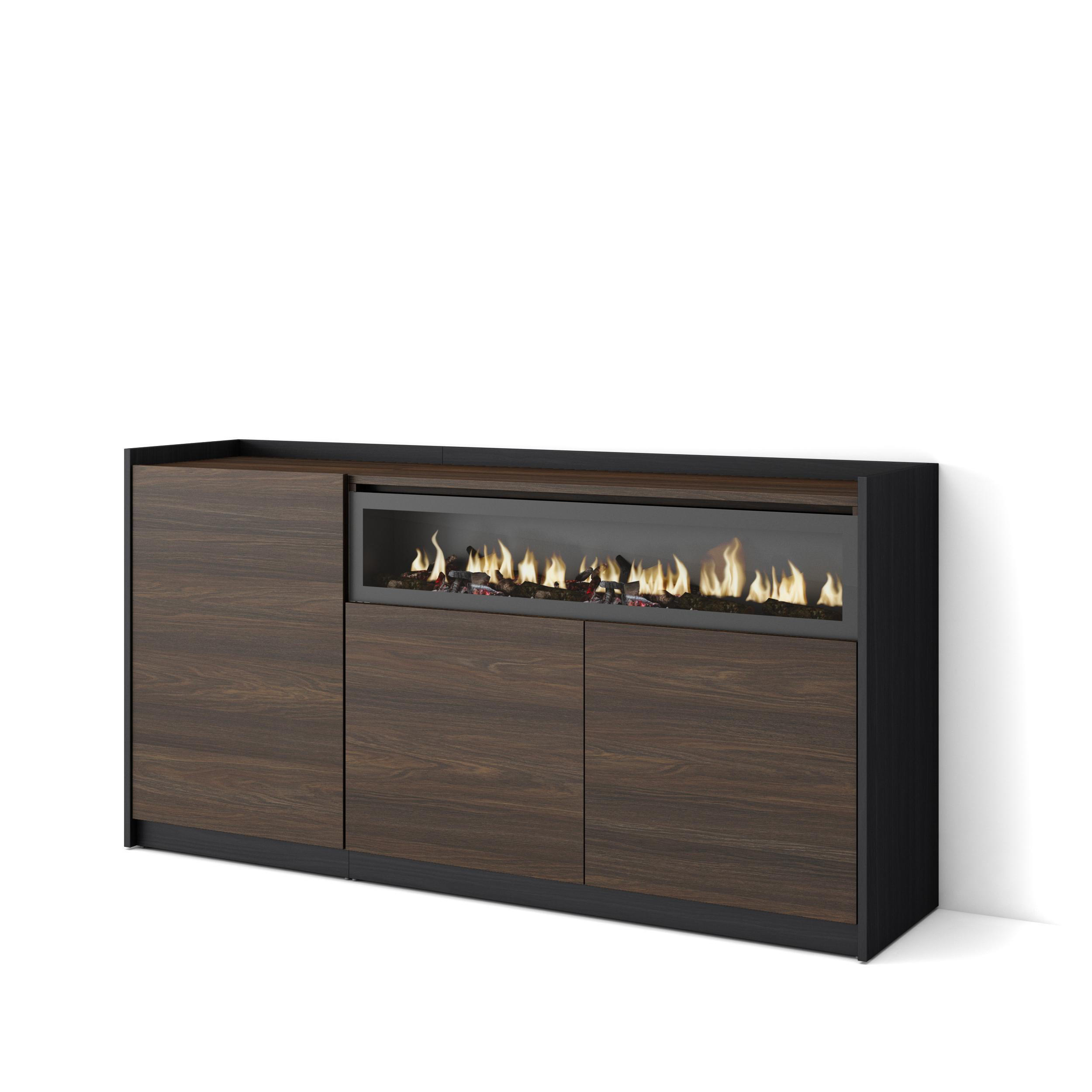 SIDEBOARD, Dunkler Eiche und Schwarz, Elektrokamin, 156/37/80cm - Dunkelbraun, Holzwerkstoff (156/80/37cm) - Skraut Home