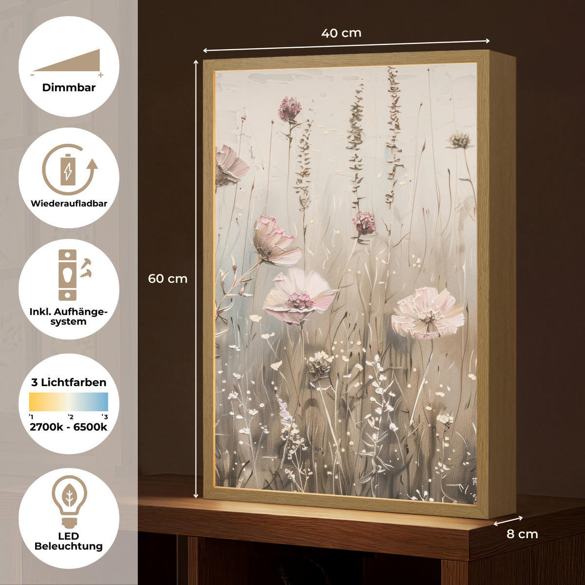 NÁSTĚNNÁ LAMPA S AKUMULÁTOREM Květiny - růžová - moderní - béžová 40x60 cm - starorůžová, kompozitní dřevo (40/60/8cm) - OnlyWow