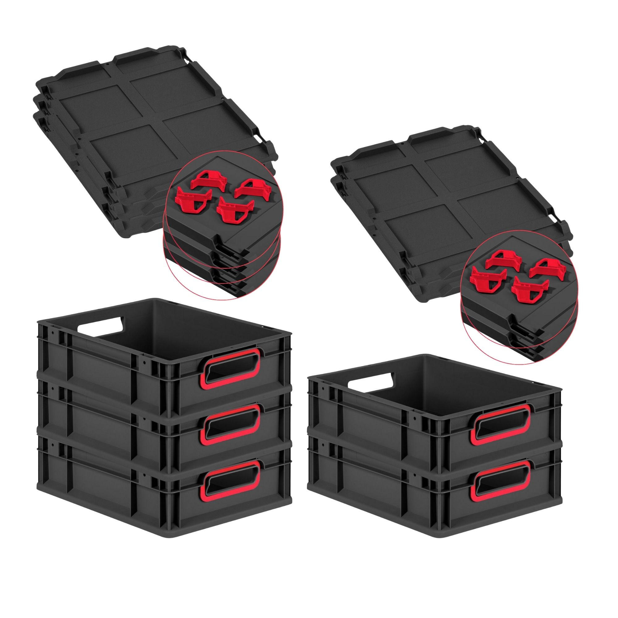 EUROBOX 5x NextGen Color mit Auflagedeckel 12x30x40 cm 11 Liter Schwarz Griffe rot offen - Rot/Schwarz, Kunststoff (30/12/40cm) - PROREGAL