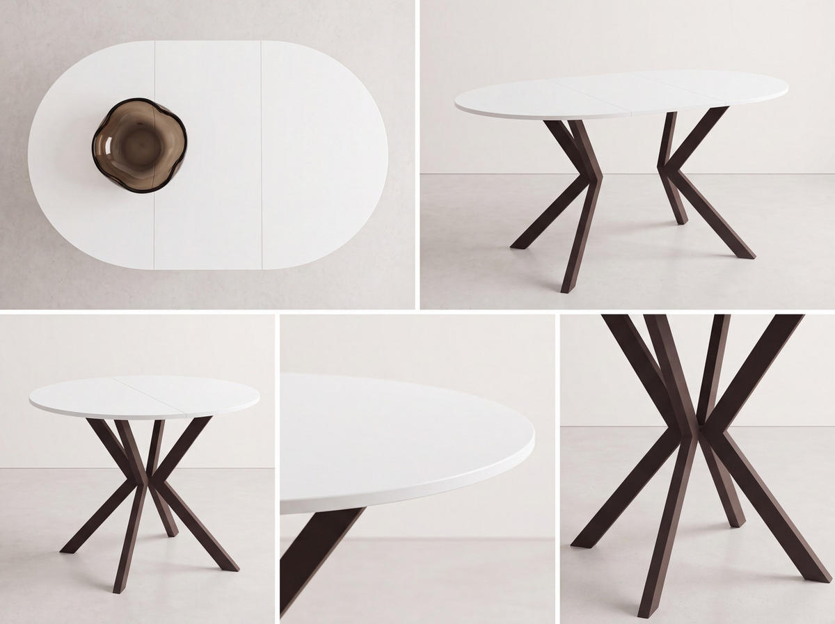 ESSTISCH Valio rund oval ausziehbar verlängerbar mit braunen Metallbeinen, Marmor Weiß 100-140/100/76 cm - Ecru/Braun, Holzwerkstoff/Metall (100/140/76cm) - WFL GROUP