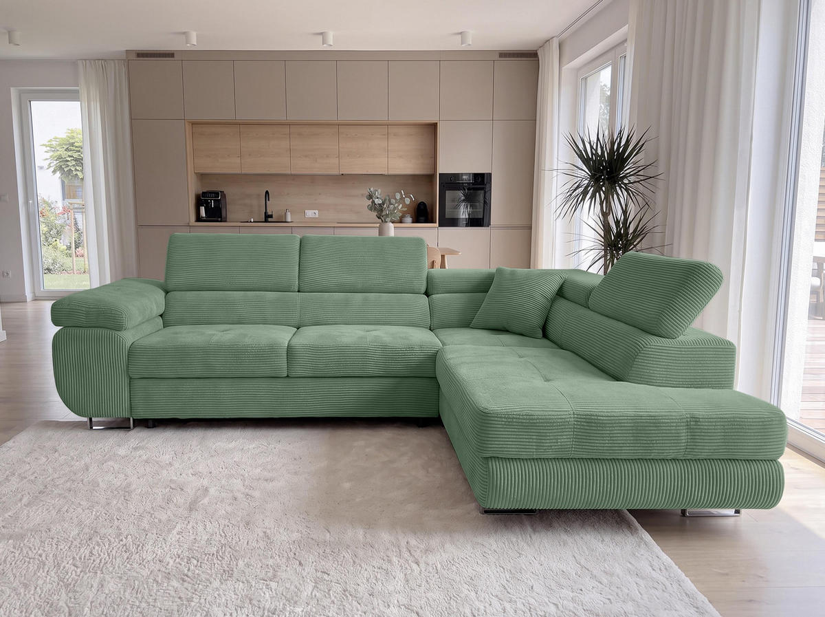 ECKSOFA L Form Konak Salbeigrün 276/201/90 cm Rechts mit Schlaffunktion - Salbeigrün/Silberfarben, Textil/Metall (276/203cm) - AX Living