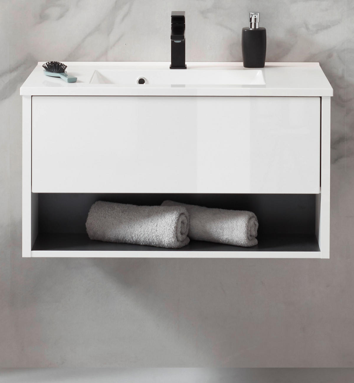 WASCHBECKENUNTERSCHRANK mit Waschbecken weiß Hochglanz, grau 80 cm hängend - Weiß Hochglanz/Grau, Holzwerkstoff/Metall (80/44/47cm) - Furn.Design