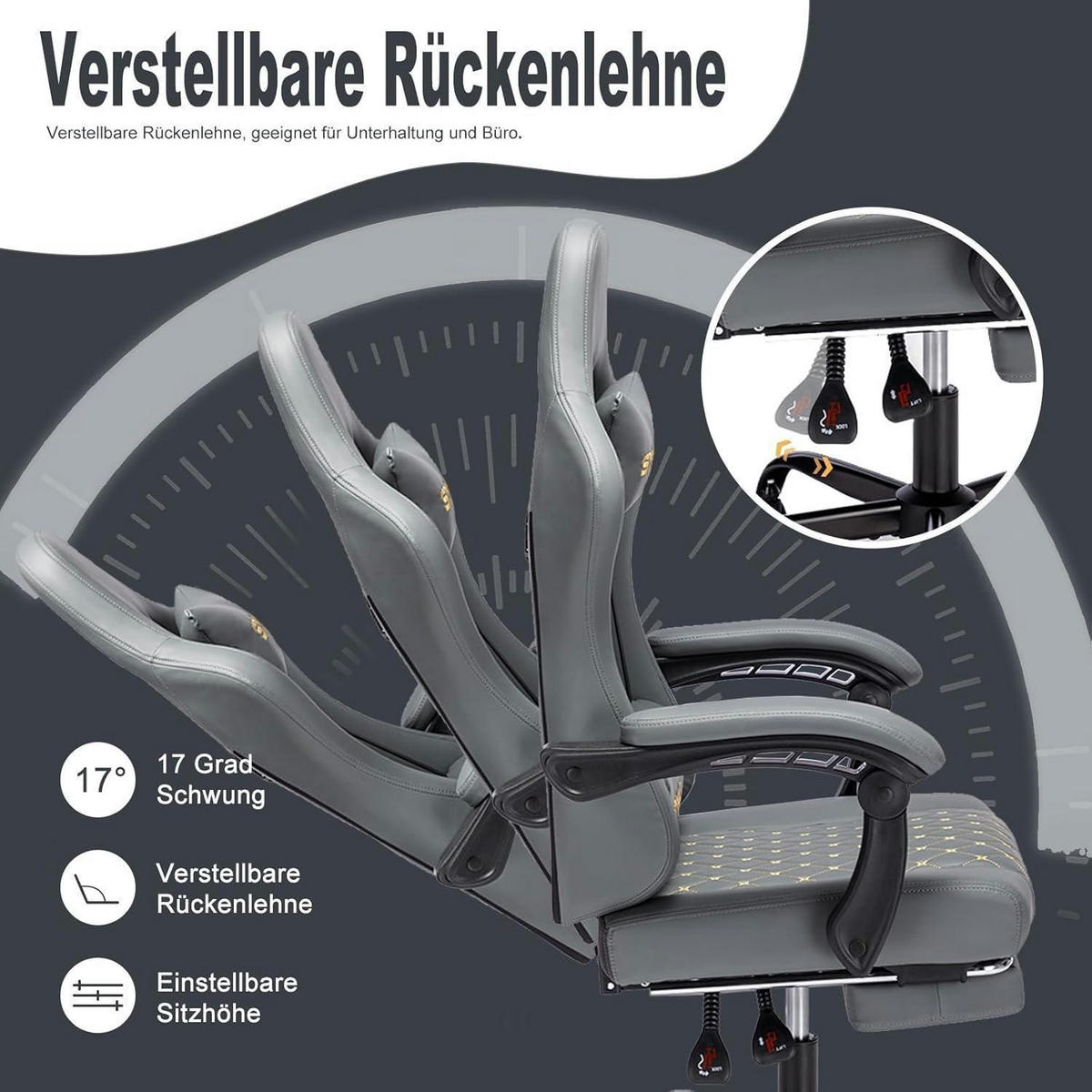 GAMING Stuhl im Racing Style mit Fußstütze, grau - Grau, Kunststoff (57/25/85cm)