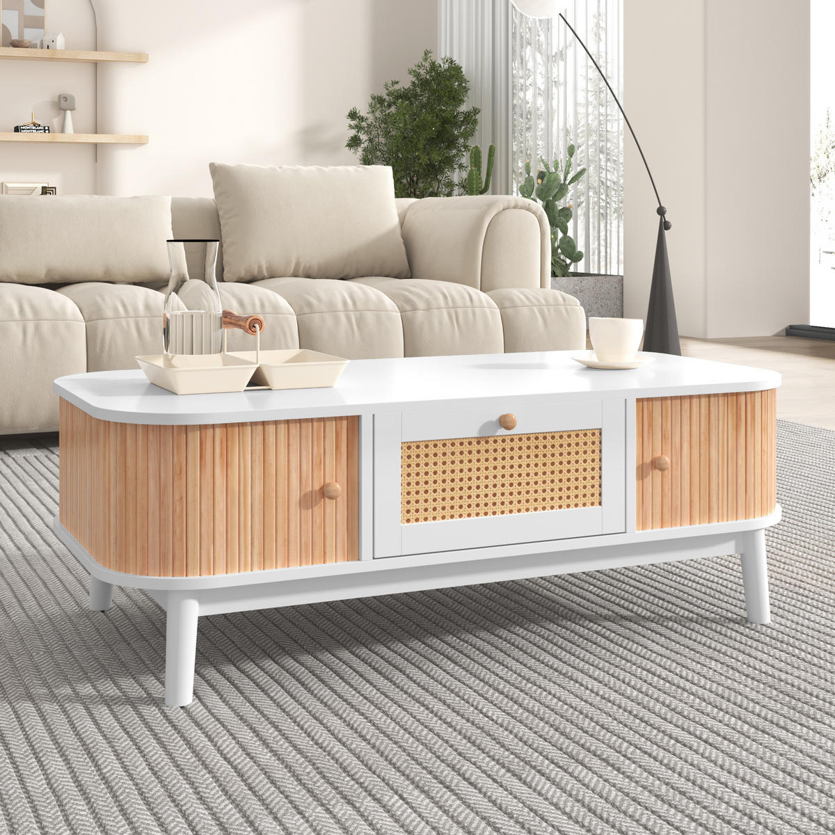 COUCHTISCH 110/55/38,5 cm Weiß mit Rattan und Massivholzplatten - Weiß, Holzwerkstoff (110/55/38.5cm) - OKWISH