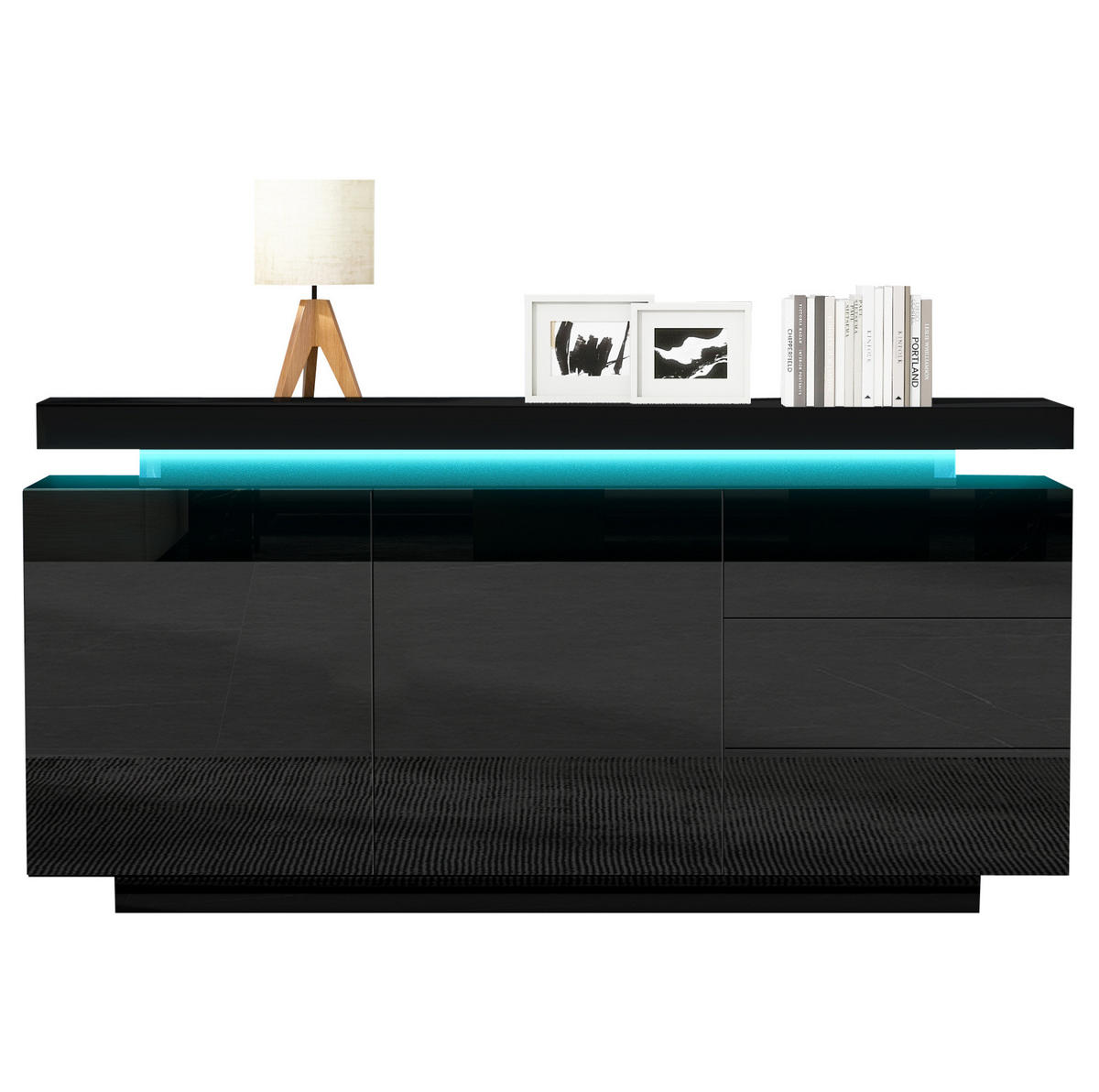 SIDEBOARD 140/35/72,5 cm aus Spanplatte mit LED-Beleuchtung und Hochglanzfront Schwarz - Schwarz, Holzwerkstoff (38/72/140cm) - Modenvie