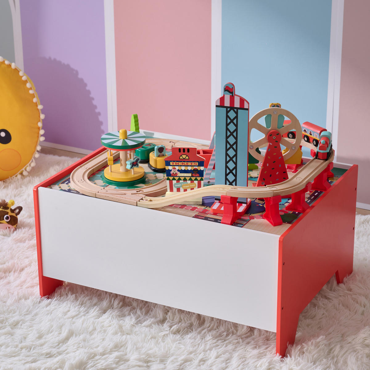 EISENBAHN Spieltisch mit 6 Mini-Spielen & Aufbewahrung, Mehrfarbig, 30cm - Multicolor, Holzwerkstoff (47/62cm) - Teamson Kids