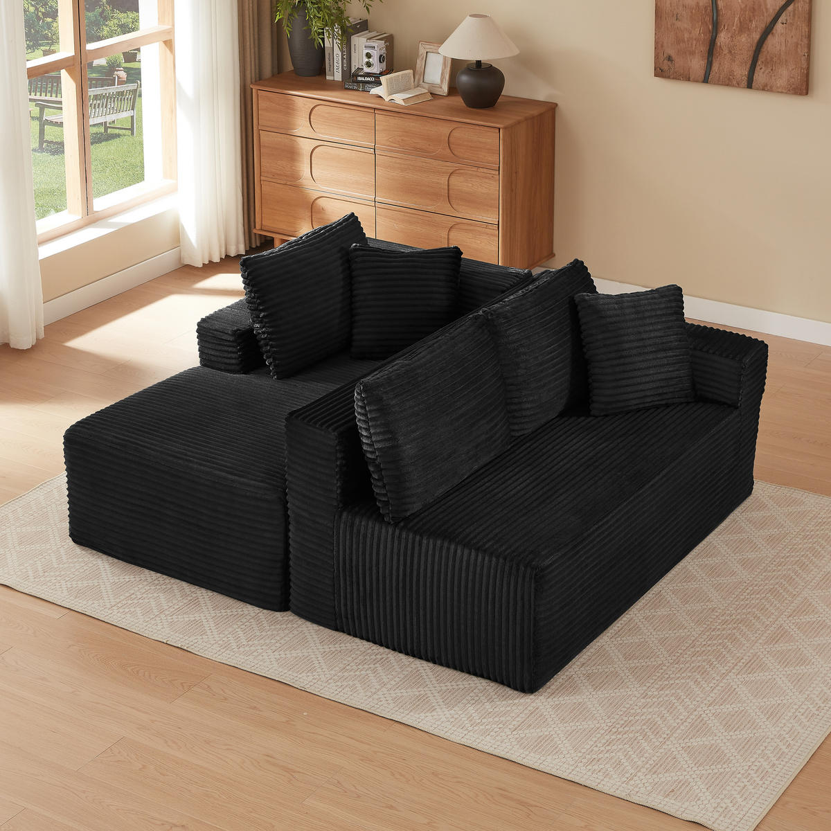 ECKSOFA 3-Sitzer Cord Schwarz mit Rücken- und Nackenkissen - Schwarz, Textil (252.5/163cm) - WISHDOR