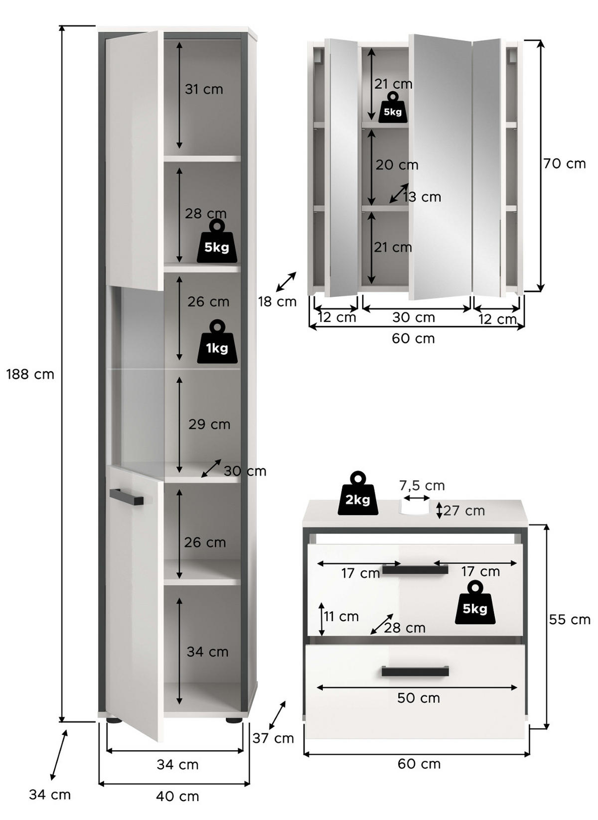 BADMÖBEL-SET 3-teilig weiß Hochglanz, grau 115 x 188 cm, Badkombination, modernes Design - Weiß Hochglanz/Schwarz, Glas/Holzwerkstoff (115/188/37.5cm) - Inn.Furn