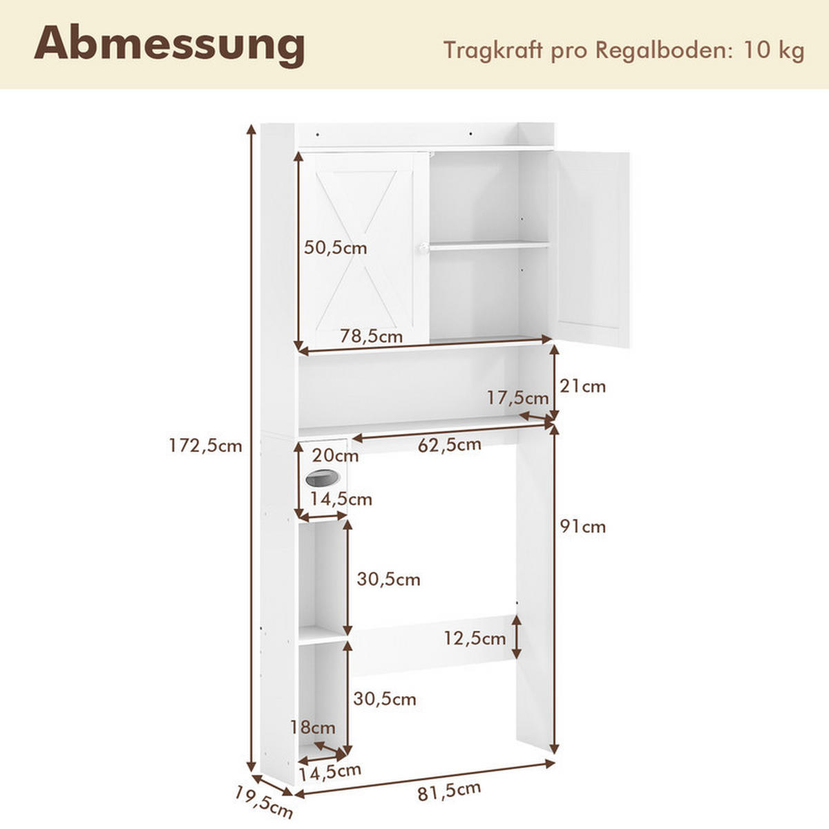 TOILETTENSCHRANK mit Doppeltüren weiß - Weiß, Holzwerkstoff (81.5/172.5/19.5cm) - COSTWAY