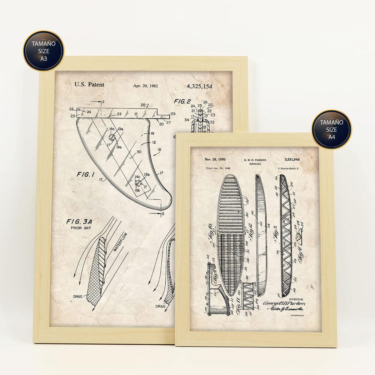 POSTER Set Mit 6 Plakaten Mit Surfen Patenten Im Vintage Stil A3 & A4 Rahmen Aus Hellem Holz - Beige, Papier (29/3cm) - Nacnic