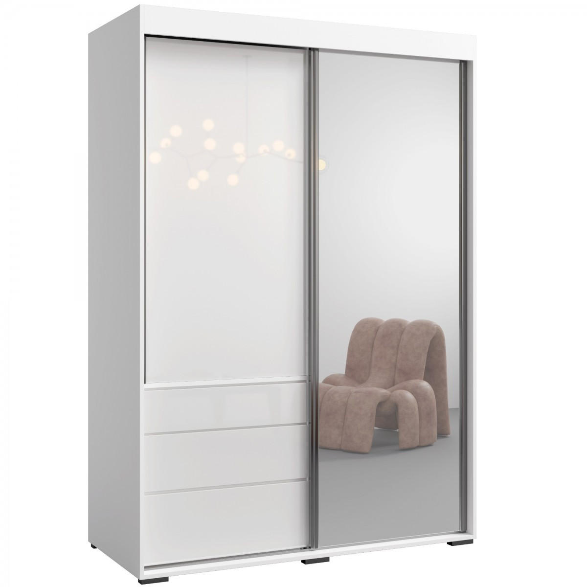 SCHIEBETÜRENSCHRANK mit Schubladen und Spiegel Torino 2D1L 140 Weiß (Lacobel) - Silberfarben/Weiß, Holzwerkstoff/Metall (140/204/65cm) - mzm24