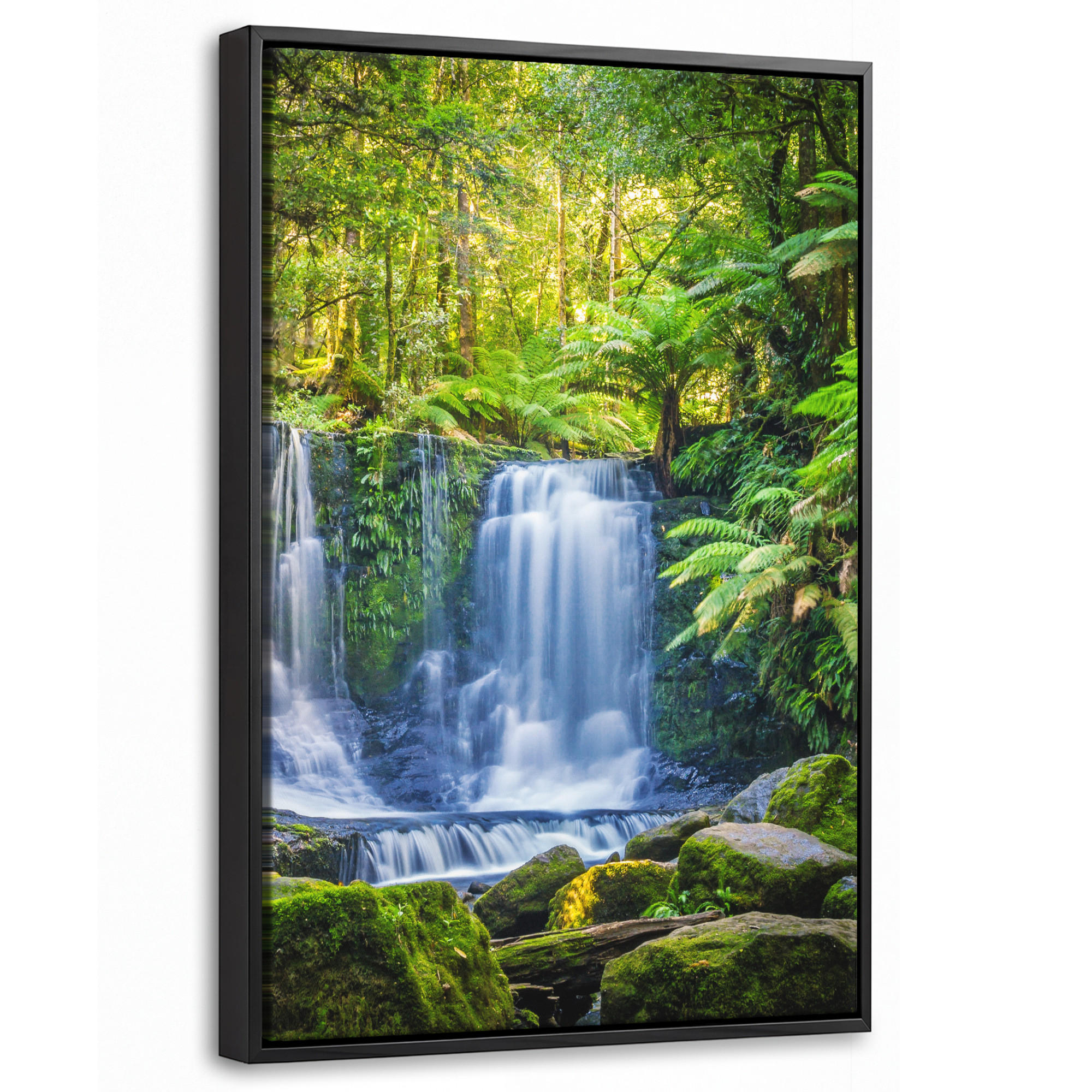LEINWAND Bilder mit Rahmen - Dschungel - Wasserfall - Australien - Pflanzen - Natur - 20x30 - Dunkelgrün, Textil (20/30cm) - MuchoWow
