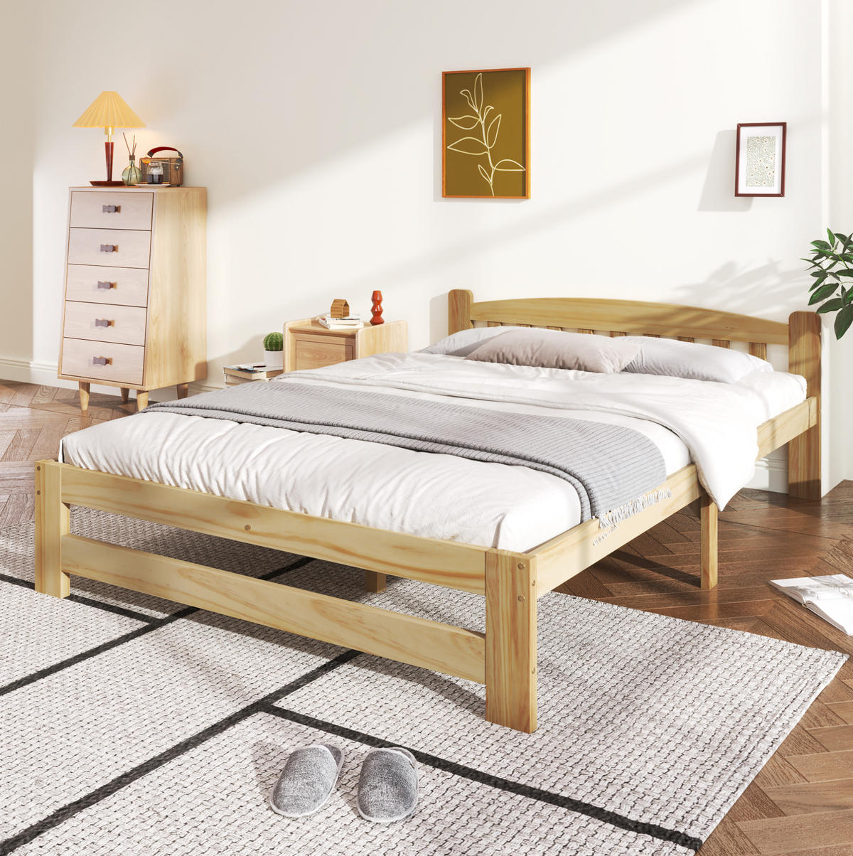 DOPPELBETT aus Kiefernholz 140x200 cm Natur mit Kopfteil und 15 Latten - Naturfarben, Holzwerkstoff (90/200cm) - IVMEU