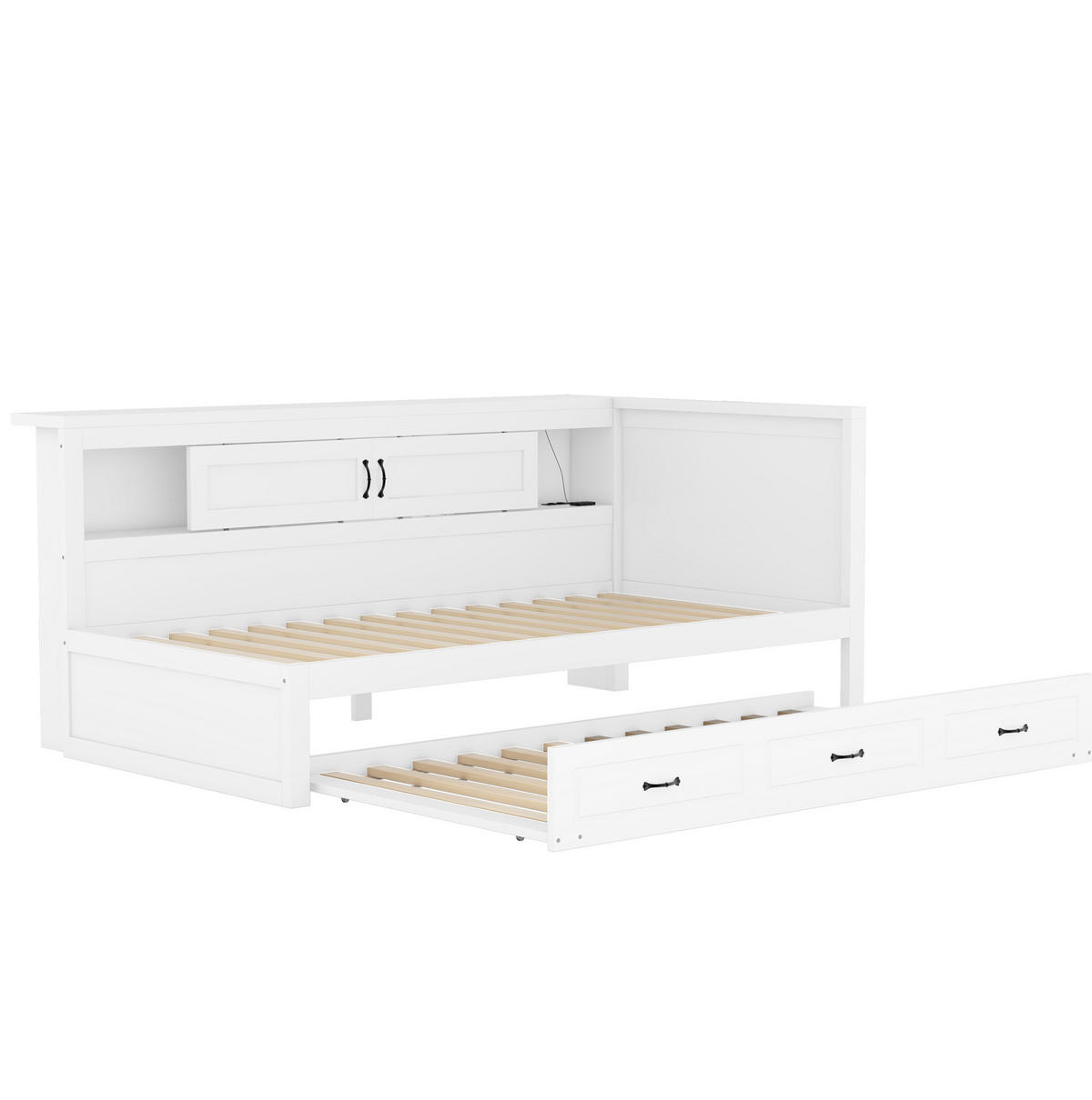 BETT 90/200 cm in Weiß mit Kopfteil, Ausziehbett, Stauraum und LED - Weiß, Holzwerkstoff (90/200cm) - BEAOK