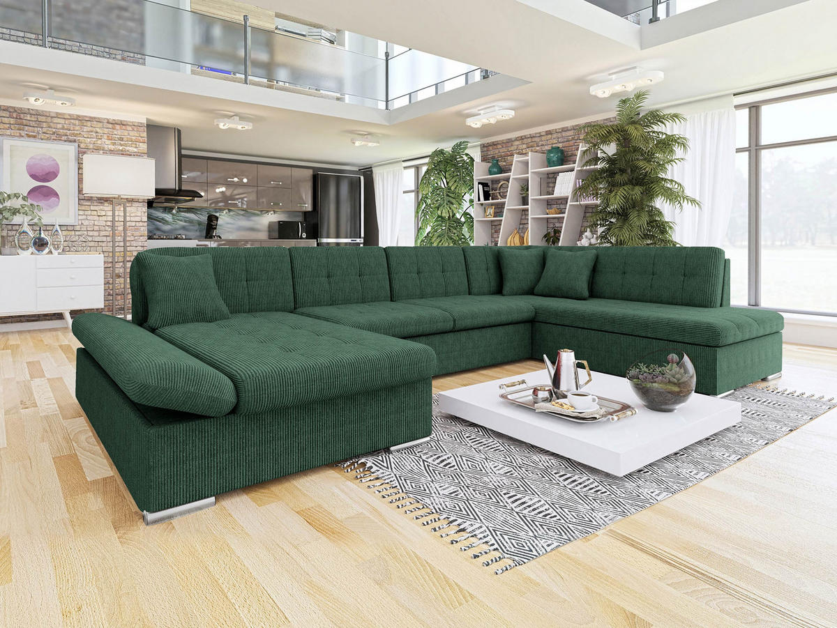 WOHNLANDSCHAFT Bergen Cord, Seite: Links - Dunkelgrün/Silberfarben, Holz/Textil (345/76/205cm) - MIRJAN24