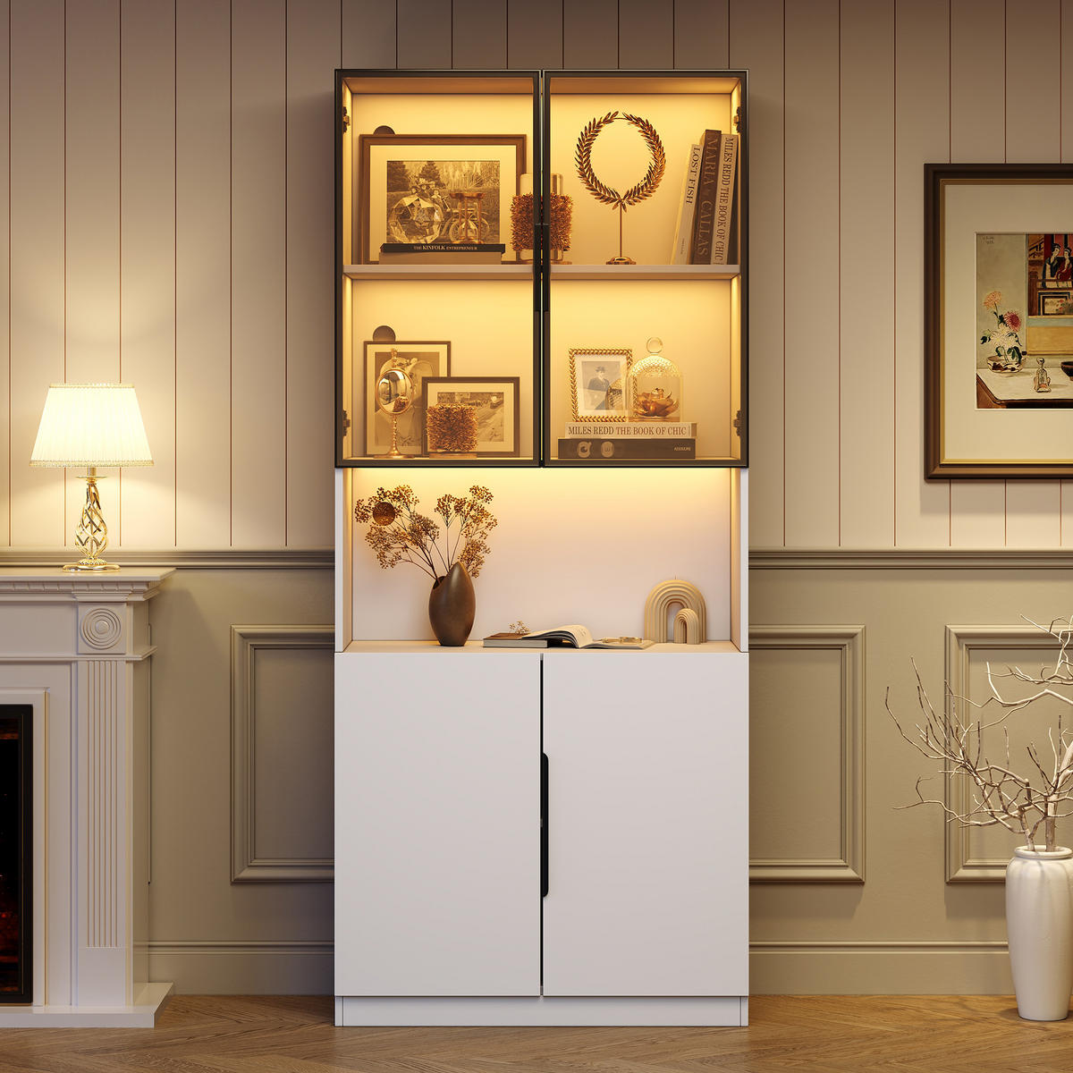 VITRINE weiß mit Glastüren, verstellbaren Trennwänden und App-gesteuerter LED-Beleuchtung 80 × 30 × 200 cm aus Spanplatte - Weiß, Holzwerkstoff (80/200/30cm) - Luhomfu
