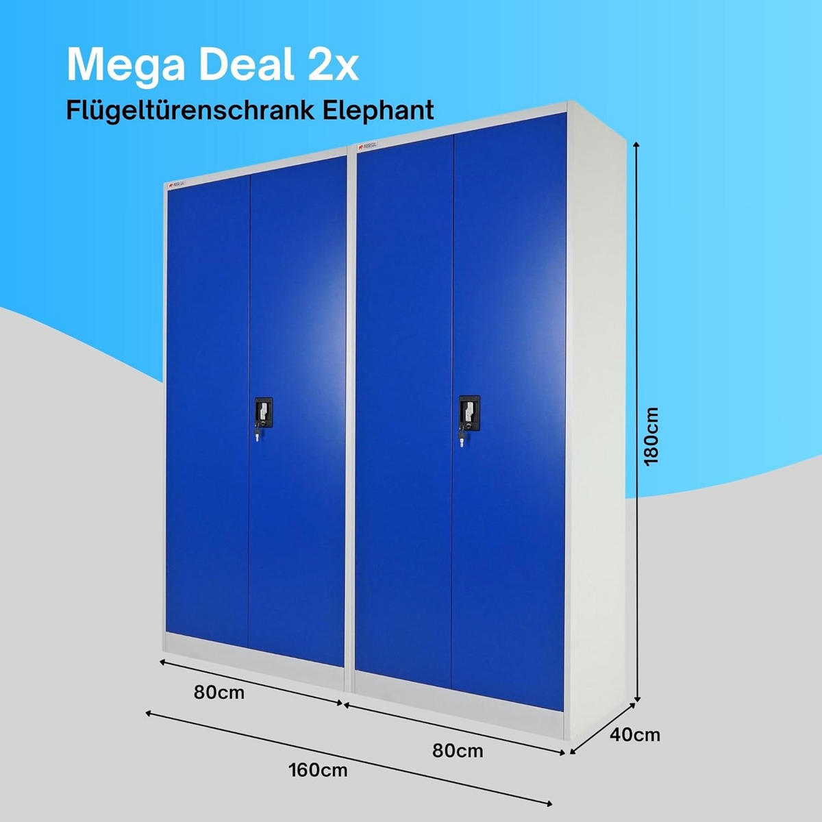FLÜGELTÜRENSCHRANK Elephant 2er-Set 180x80x40cm 4 Ebenen Blau/Lichtgrau - Blau, Metall (160/180/40cm) - PROREGAL