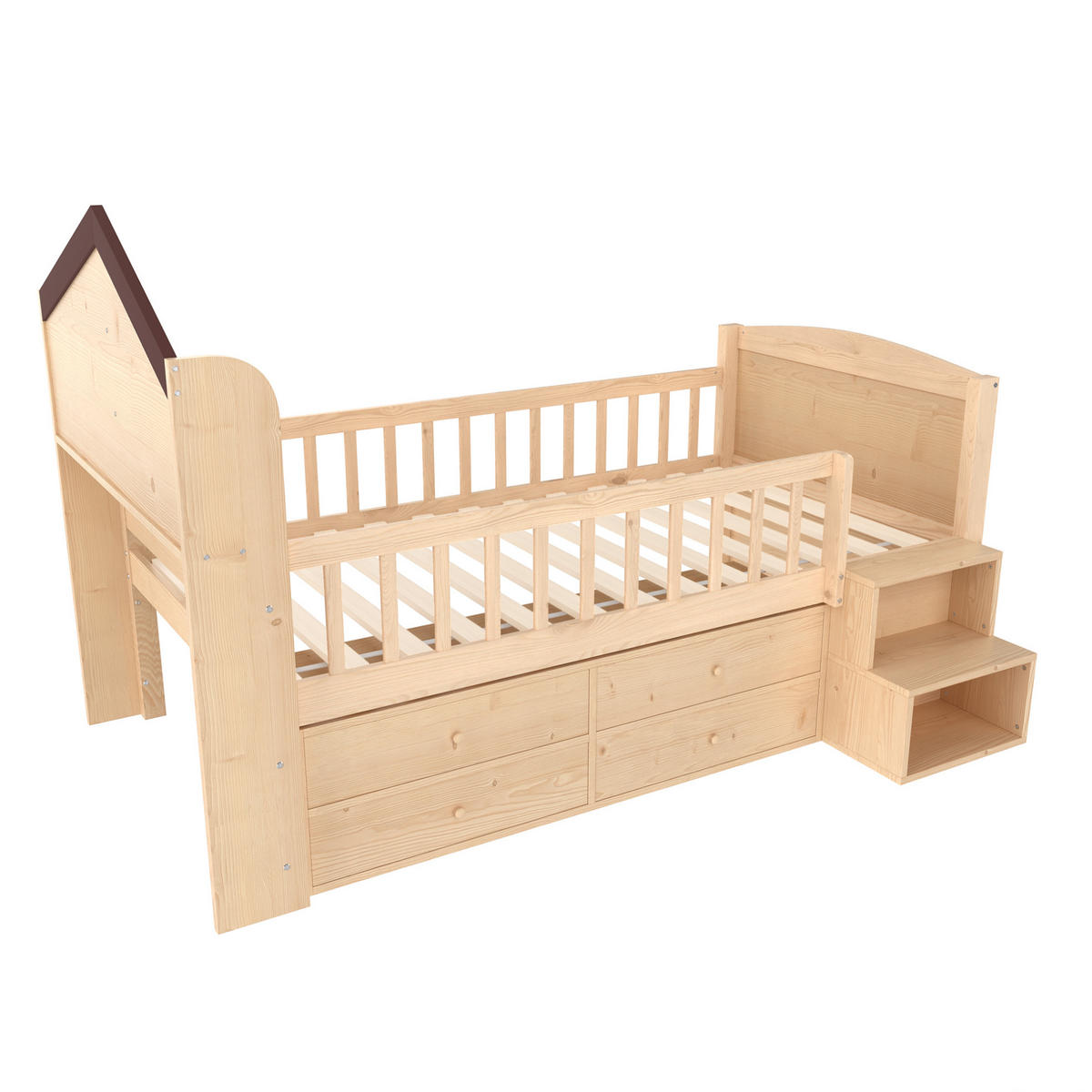 HALBHOHES Kinderbett 90/200 cm aus Kiefernholz mit LED-Beleuchtung, 4 Schubladen und Regalleiter, Weiß/Natur - Naturfarben, Holzwerkstoff (90/200cm) - Redom