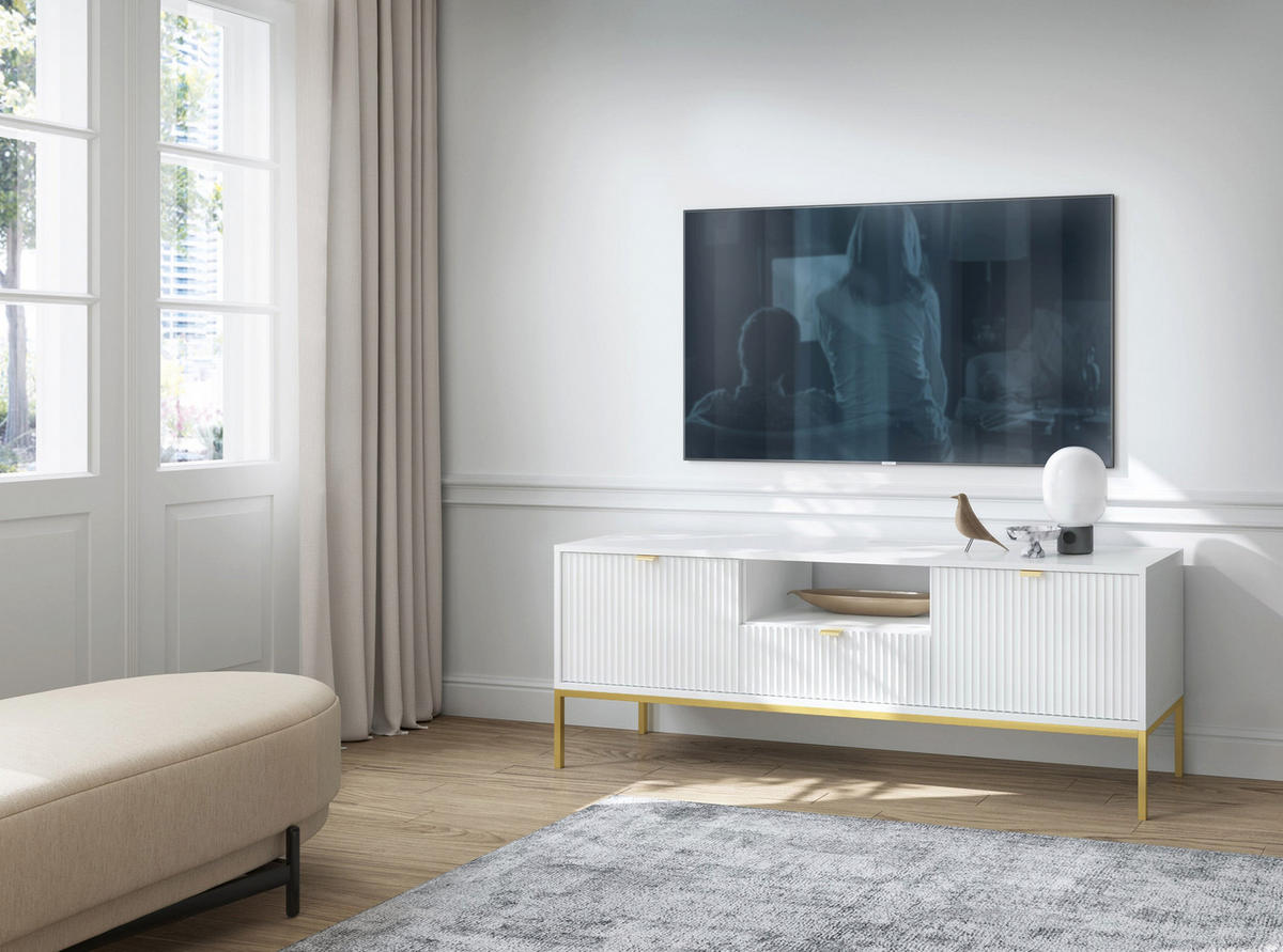 TV-SCHRANK Vellore Weiß mit goldenen Metallbeinen 154 cm - Goldfarben/Weiß, Holzwerkstoff/Metall (154/56/39cm) - Selsey