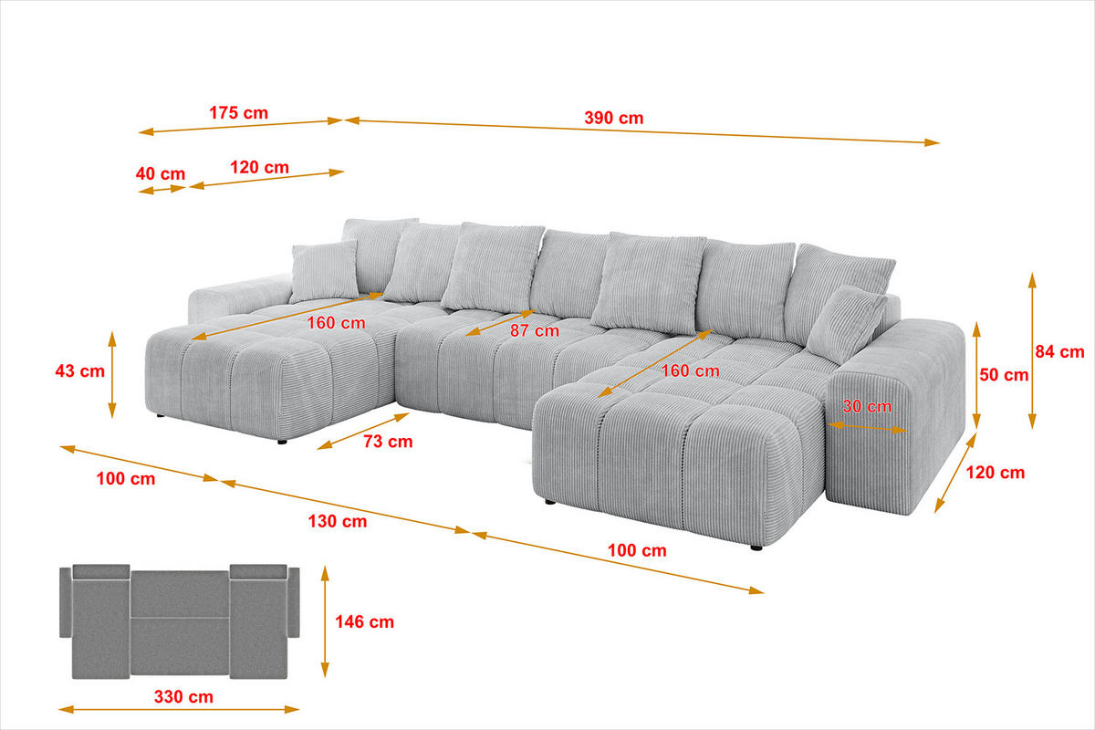 WOHNLANDSCHAFT ENIL-U 390x175x84 Grau Cord - Grau, Holzwerkstoff/Kunststoff (390/84/175cm) - ALTDECOR