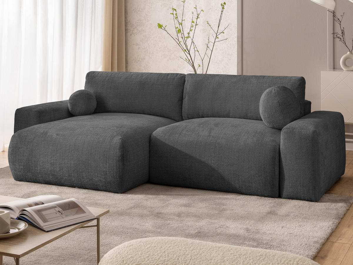 ECKSOFA Puffy mit Schlaffunktion und Bettkasten - besonders weich und puffig aus Grau Chenille-Stoff - Ottomane links - Schwarz/Grau, Holz/Kunststoff (138/266cm) - S-Style Möbel