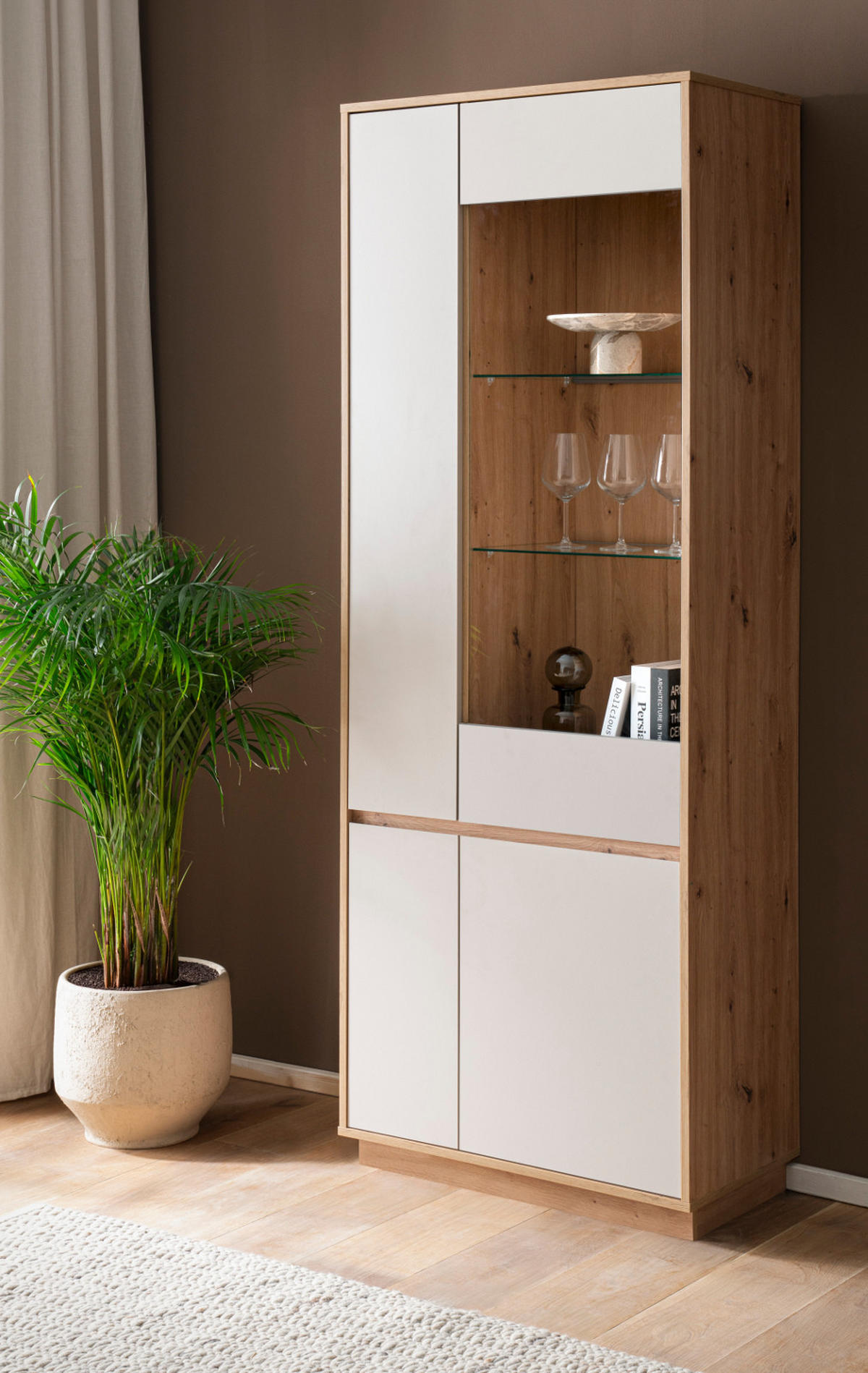 VITRINE Kaschmir, Eiche Artisan 75 cm, Vitrinenschrank mit Soft-Close - Kaschmir/Eiche Artisan, Glas/Holzwerkstoff (75/205/40cm) - Furn.Design