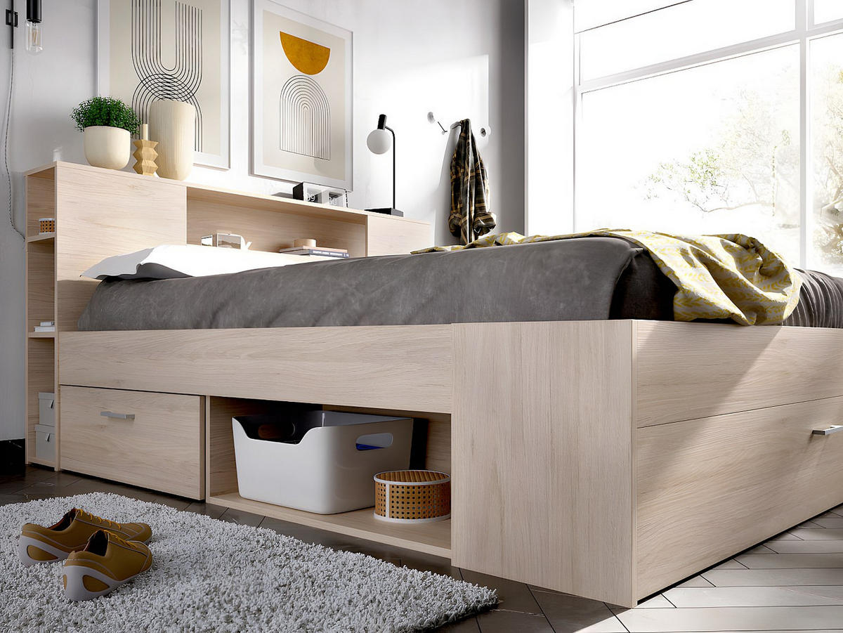 BETT mit Kopfteil, Stauraum & Schubladen + Lattenrost - 140 x 190 cm - Naturfarben - LEANDRE - Naturfarben, Holz (140/190cm) - Vente-Unique