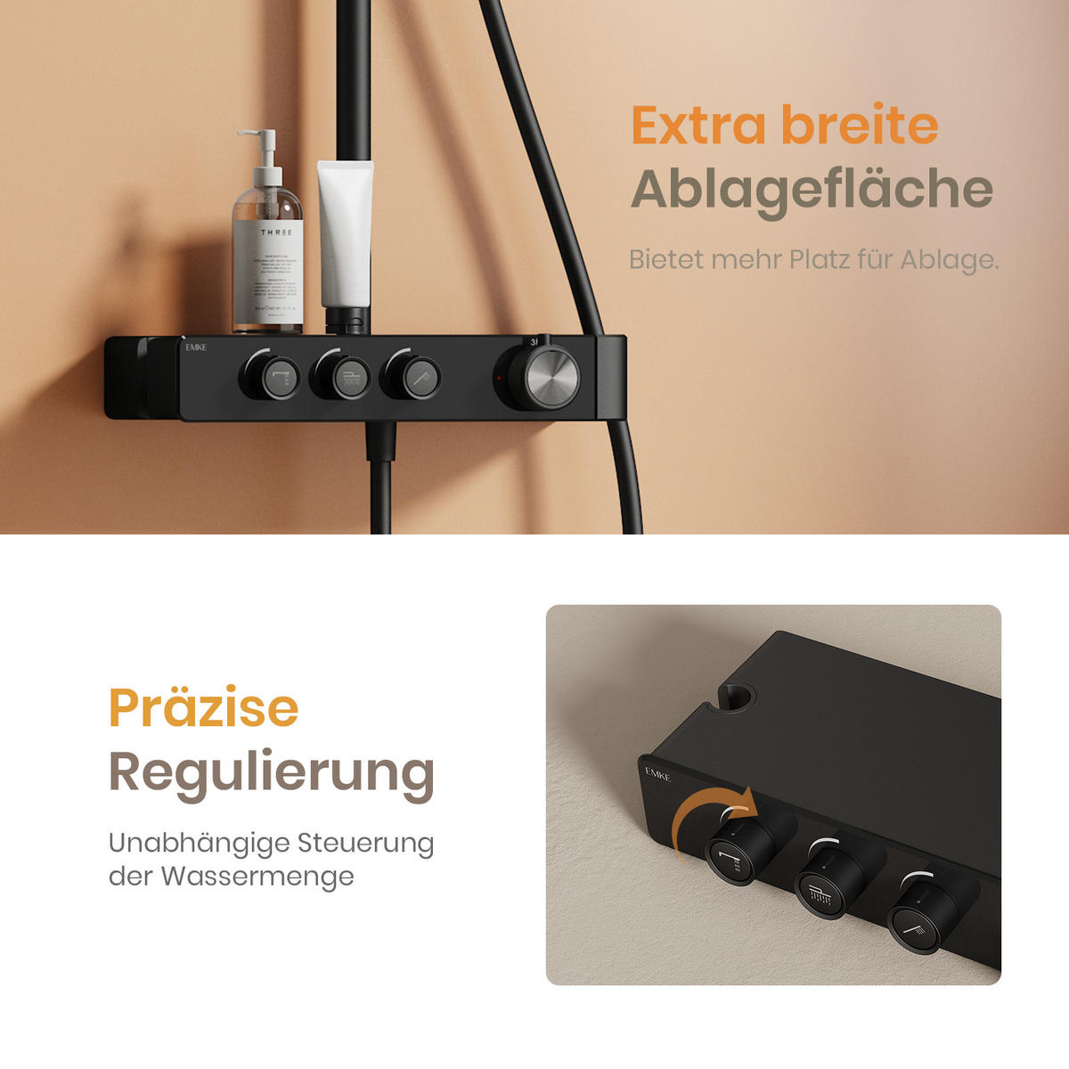ÜBERKOPFBRAUSESET mit Thermostat Runde Überkopfbrause Vielseitig Schwarz - Schwarz, Metall (35.5/110/40cm) - EMKE