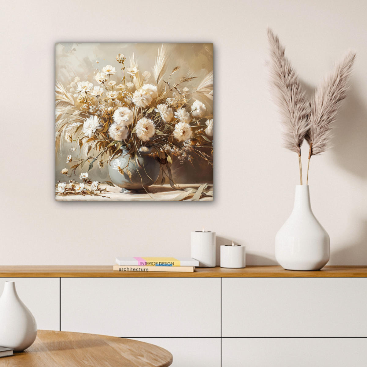 LEINWANDBILD Blumen - Vase - Stilleben - Beige 50x50 cm - Creme, Textil (50/50cm) - MuchoWow