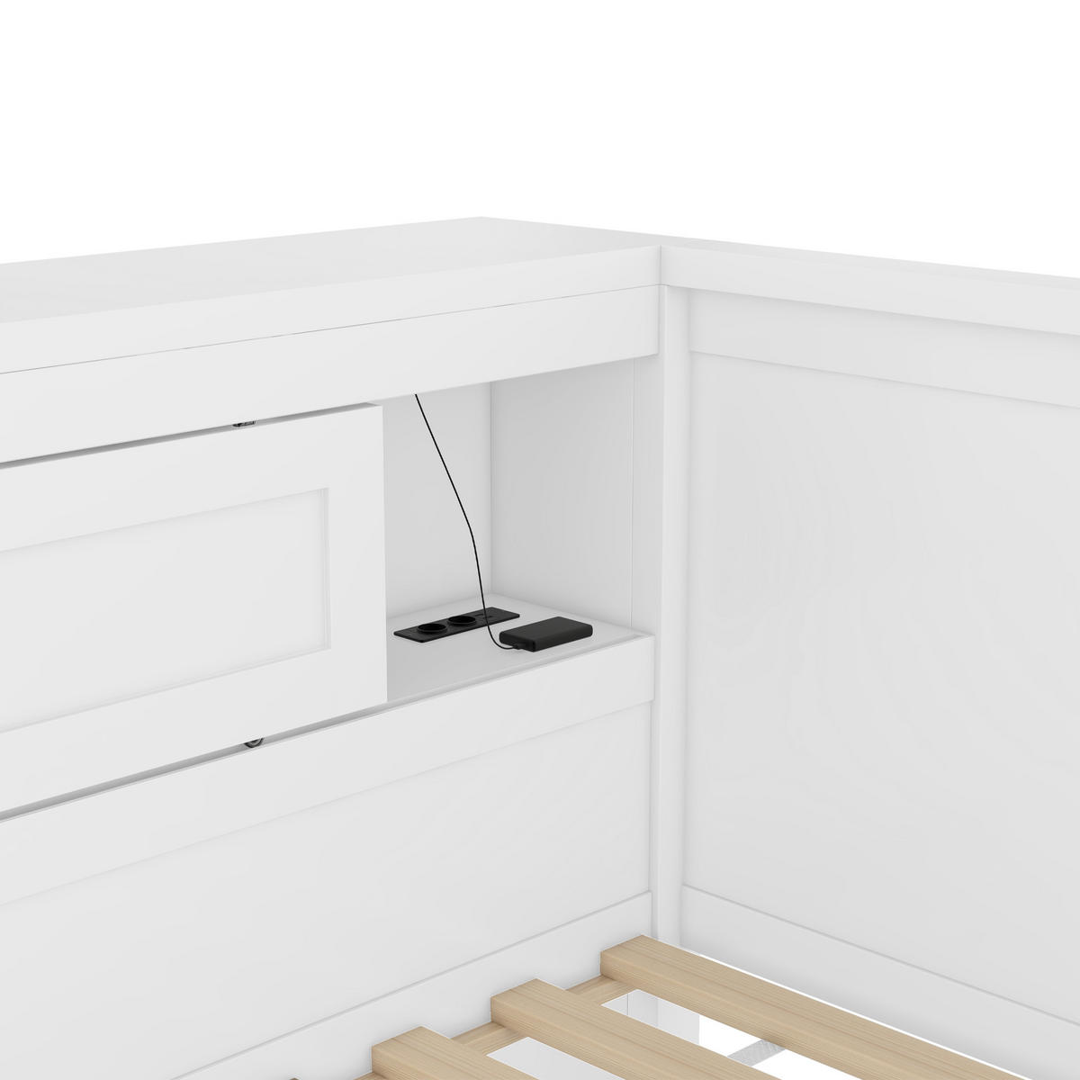 SCHLAFSOFA 90x200cm Weiß LED-Licht Bettseite Staufach Ausziehbett USB - Weiß, Holz (90/200cm) - FLIEKS