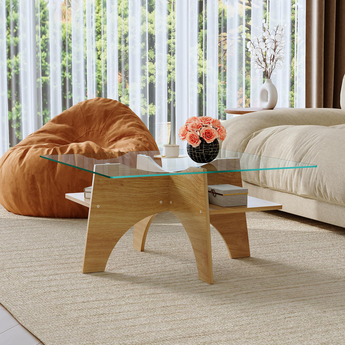 COUCHTISCH in Naturfarbe Moderner quadratischer Beistelltisch mit Holzoptik für Esszimmer und Wohnzimmer, B80/T80/H40 cm - Transparent/Naturfarben, Glas/Holzwerkstoff (80/80/40cm) - STILVORA