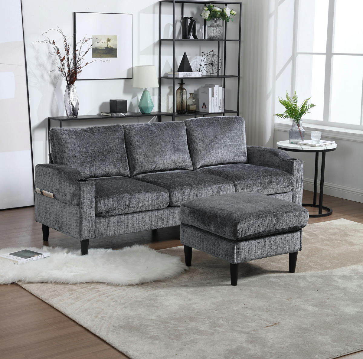 SOFA 4-Sitzer mit Hocker und Stauraum 196,5 x 75 x 77 cm Chenille Gray - Grau, Kunststoff (196.5/77/75cm) - Meubliv