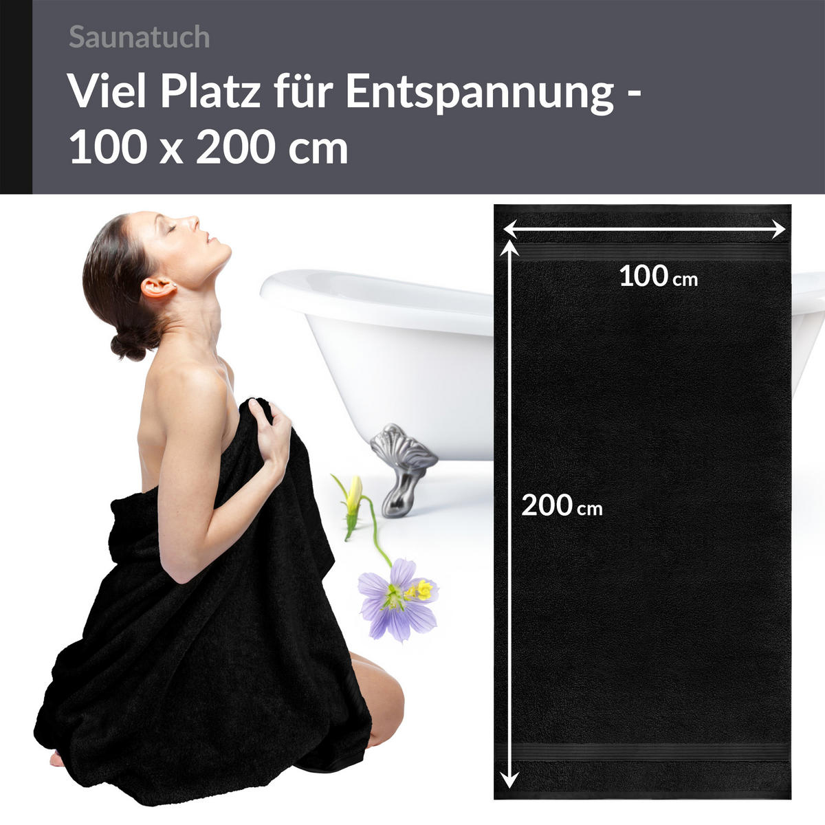 BADETUCH Linz Schwarz 100x200 cm - Schwarz, Textil (100/200cm) - Lashuma