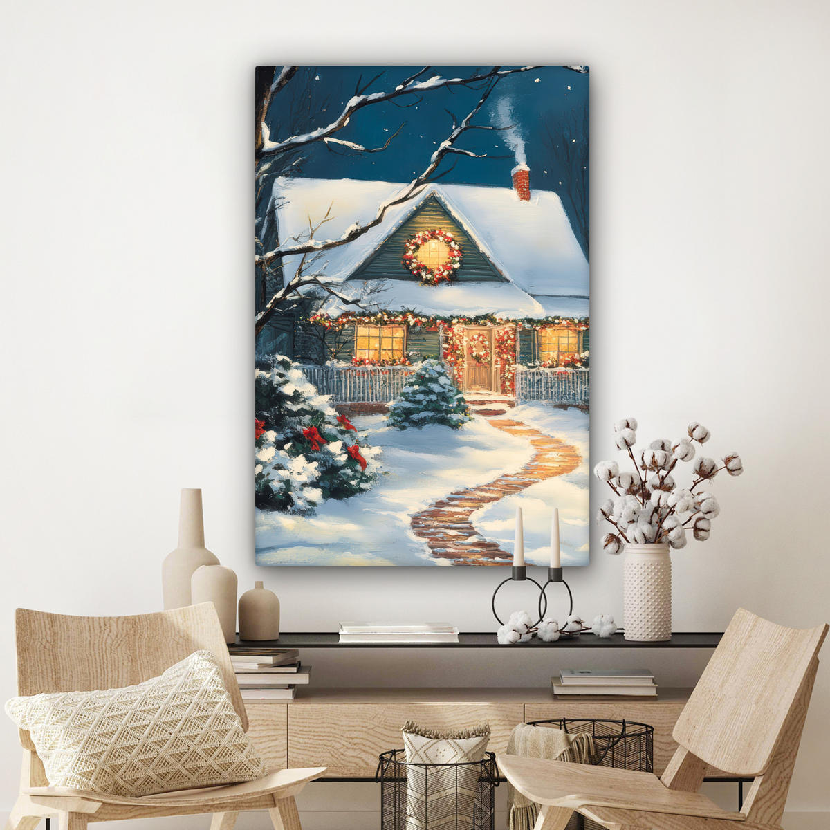 LEINWANDBILD Weihnachten - Weihnachtsbaum - Winter - Zuhause - Schnee Deko XXL 80x120 cm - Smaragdgrün, Textil (80/120cm) - MuchoWow