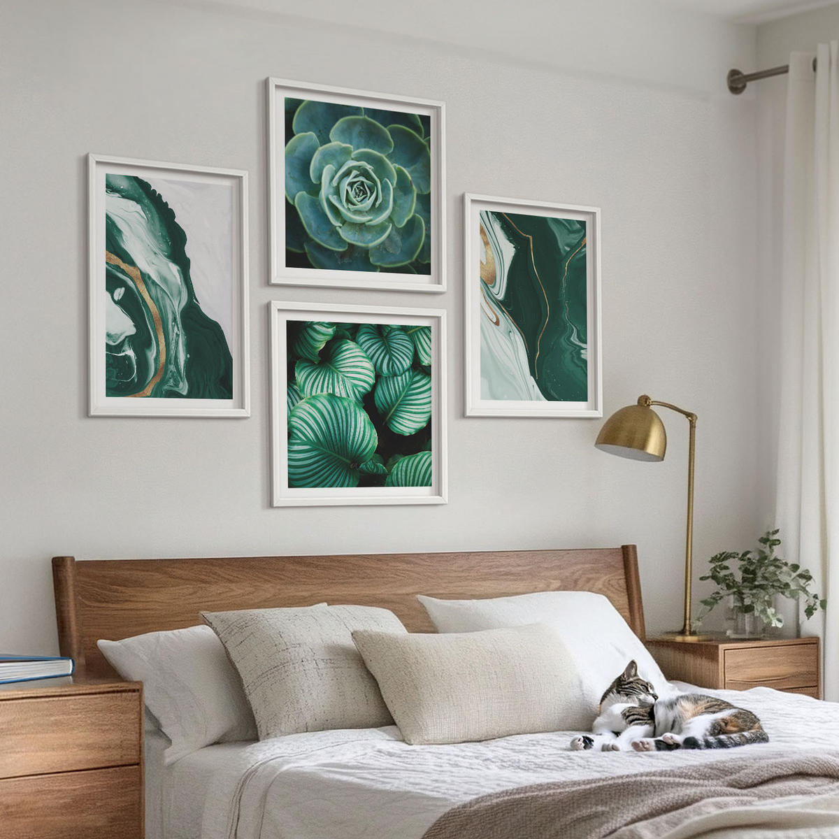 BILDER SET 4er Set - 50x50 cm & 40x60 cm Weißer Rahmen - Abstrakte Muster von Sukkulentenblättern - Weiß, Kunststoff (50/50cm) - TULUP
