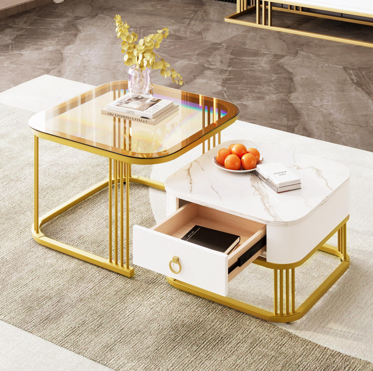 COUCHTISCH 2er-Set verschachtelbar MDF Hochglanz Weiß - Weiß, Metall (60/60/45cm) - Meubliv