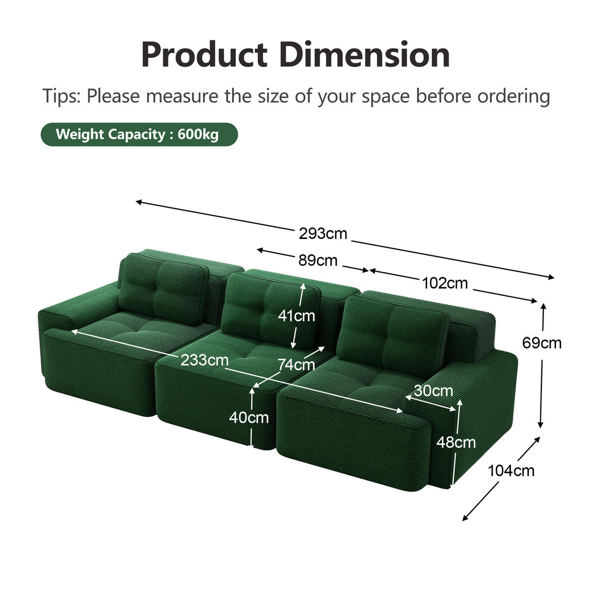 3-SITZER SOFA Cord Grün - Grün, Textil (293/69/104cm) - WISHDOR
