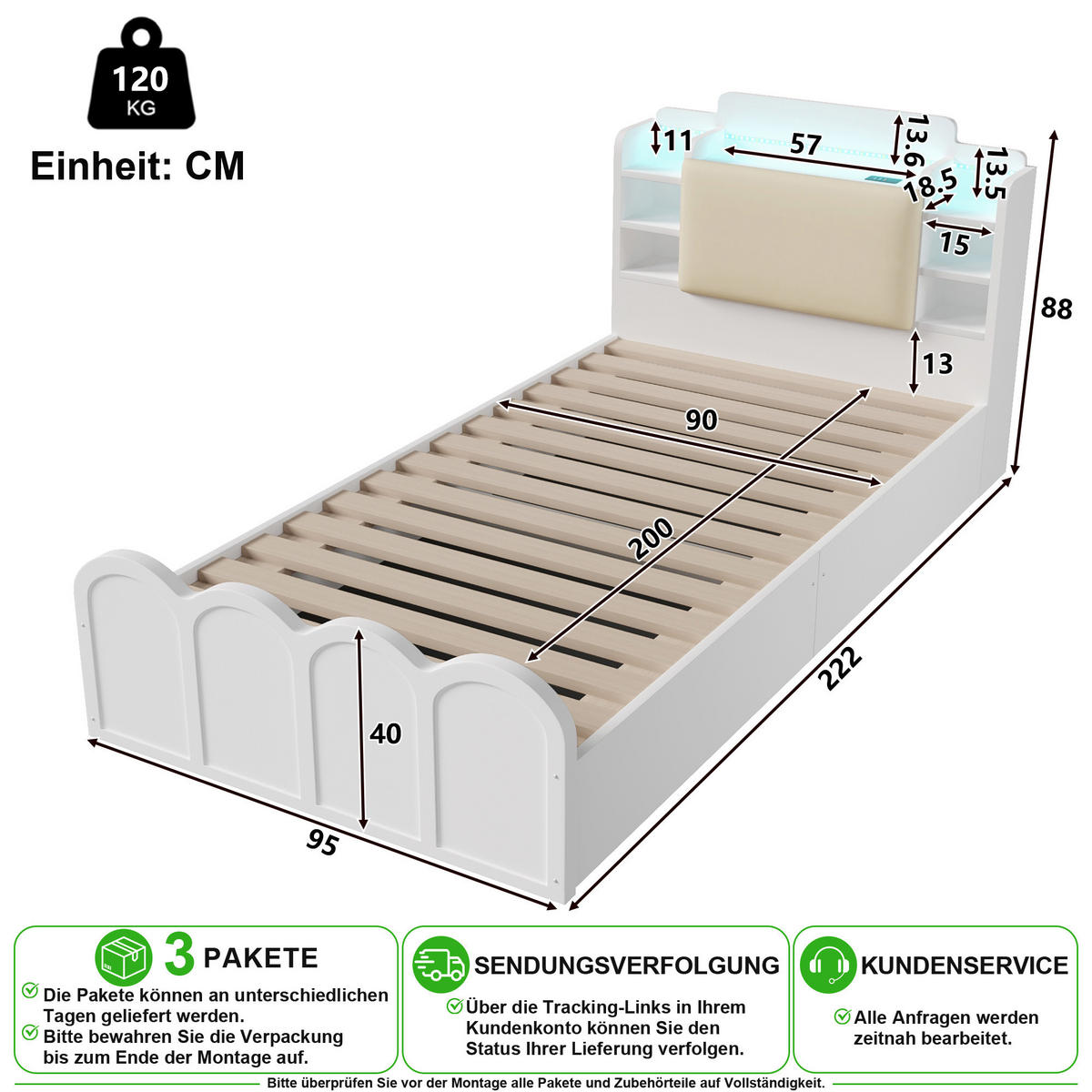 BETT 90/200 cm in Weiß mit Stauraum, LED und USB/Type-C Kiefer - Weiß, Holz/Holzwerkstoff (90/200cm) - CHICFURN