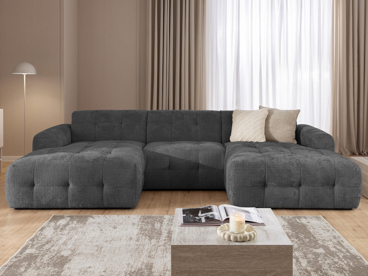 WOHNLANDSCHAFT Kozy im Bumpy-Design mit fester Rückenlehne aus weichem Grau Chenille-Stoff - Schwarz/Grau, Holz/Kunststoff (323/79/161cm) - S-Style Möbel