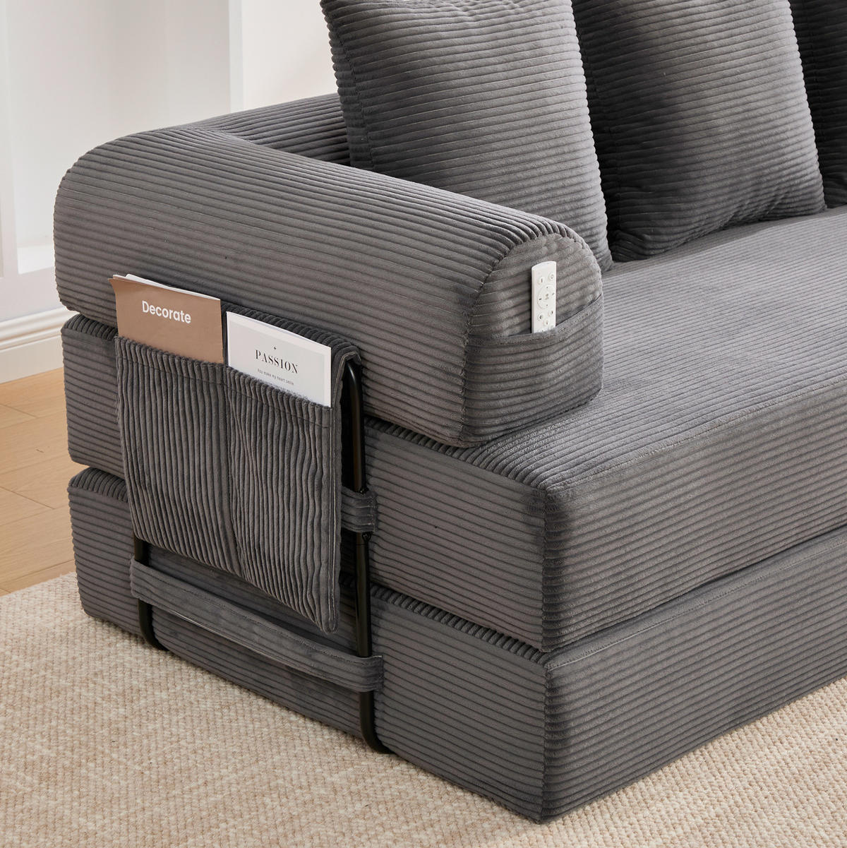 SOFA 200/94/67 cm in Dunkelgrau aus Cord mit modularer Gestaltung und Seitentasche - Dunkelgrau, Textil (94/67/200cm) - Flora Grace
