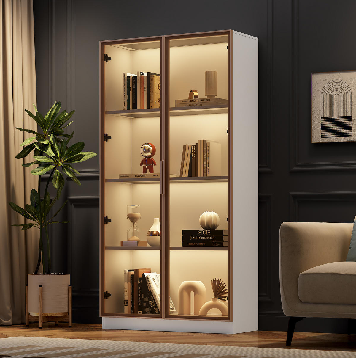 VITRINE 80/40/160 cm in Weiß mit LED-Beleuchtung und verstellbaren Einlegeböden - Weiß, Holzwerkstoff (80/160/40cm) - Flora Grace