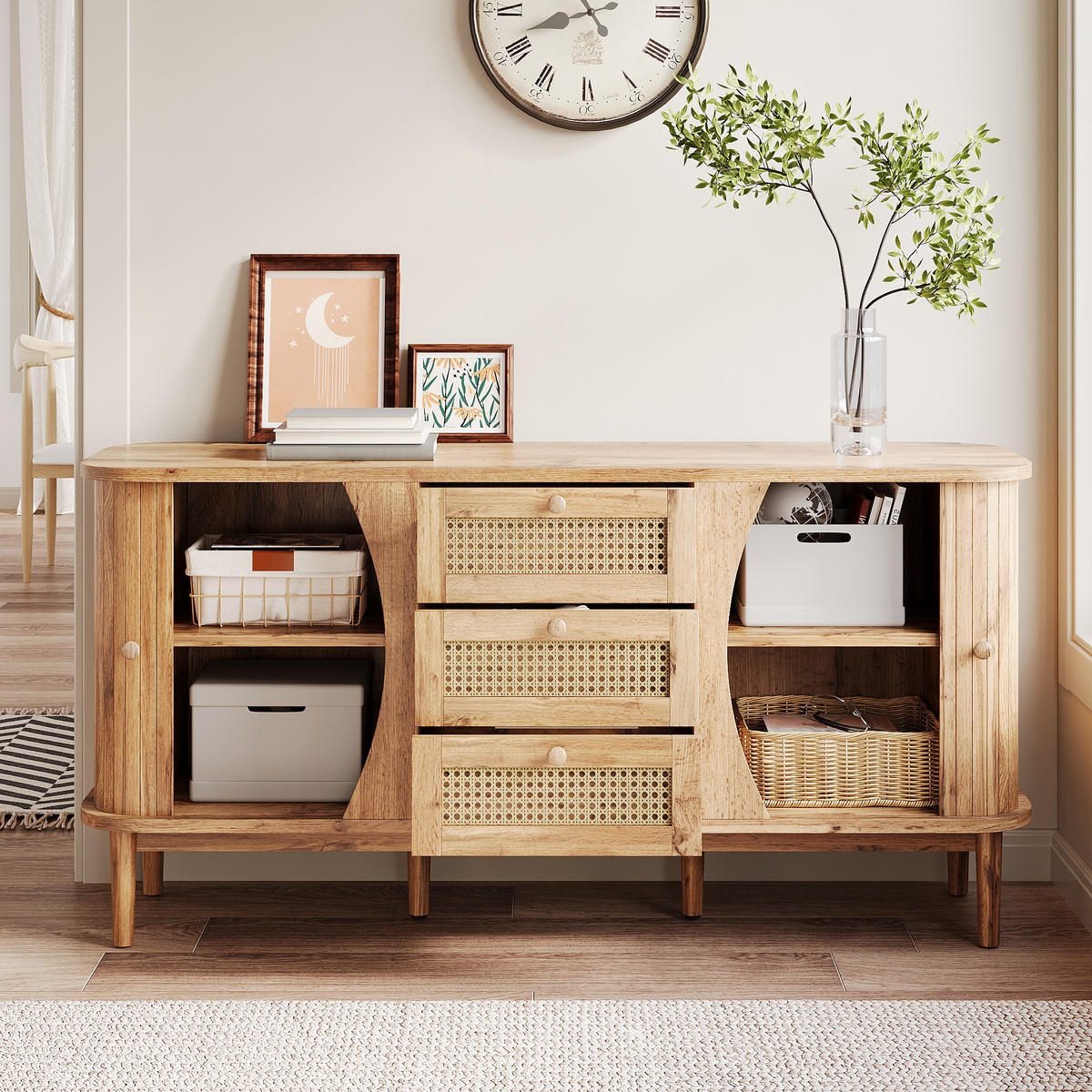 SIDEBOARD Rattan Schiebetüren verstellbare Böden modern - Naturfarben, Holzwerkstoff (40/76/140.5cm) - FLIEKS