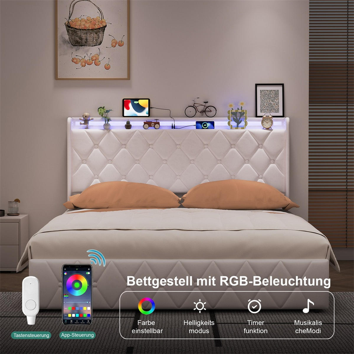 POLSTERBETT 140x200 cm mit hydraulischem Stauraum - Kopfteil Regal & LED - USB - ohne Matratze - Beige - Beige, Textil (140/200cm) - DELFA
