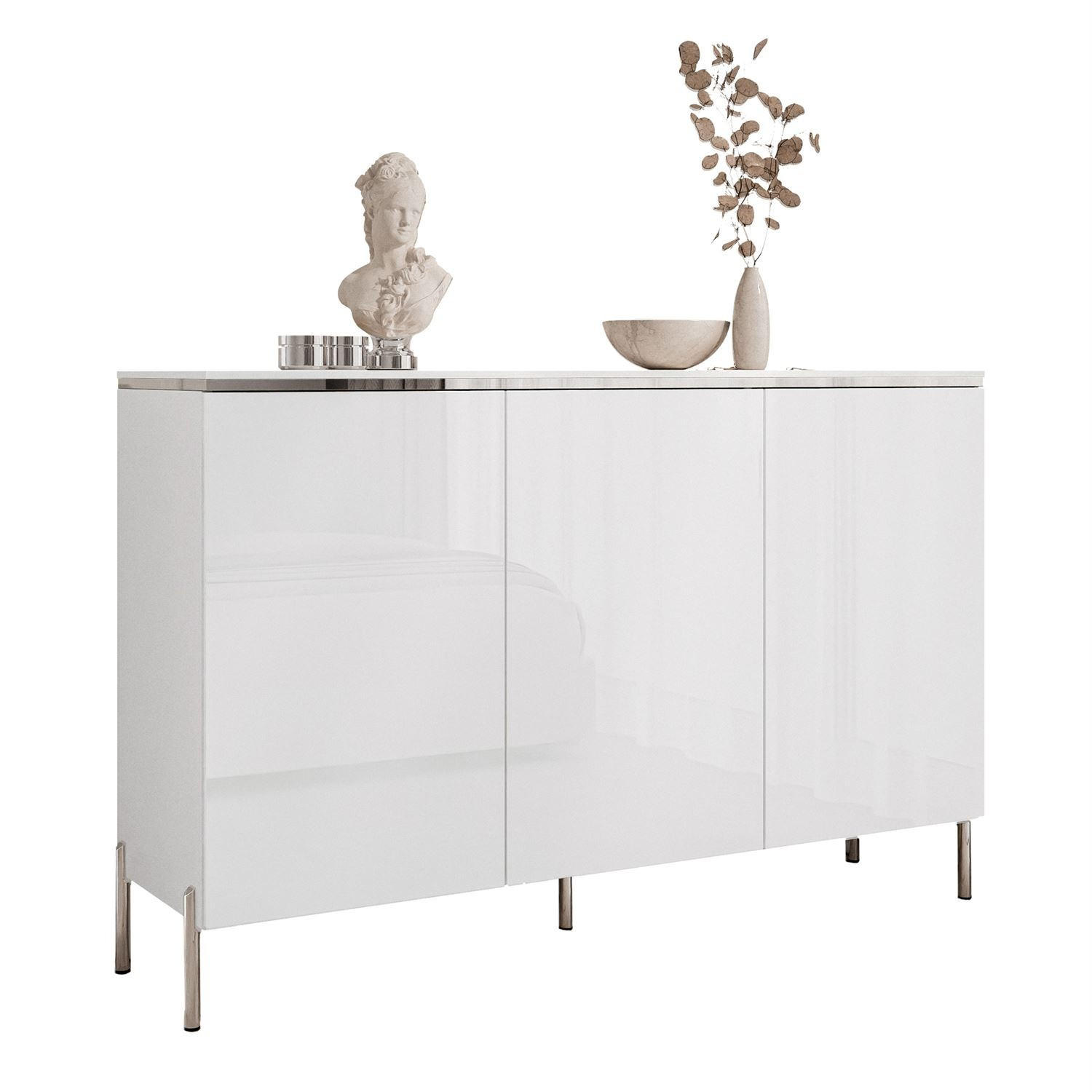 KOMMODE AURORA SILVER 3D – mit geraden verchromten Beinen - Weiß Hochglanz, Holzwerkstoff (140/94.5/40cm) - Lookway