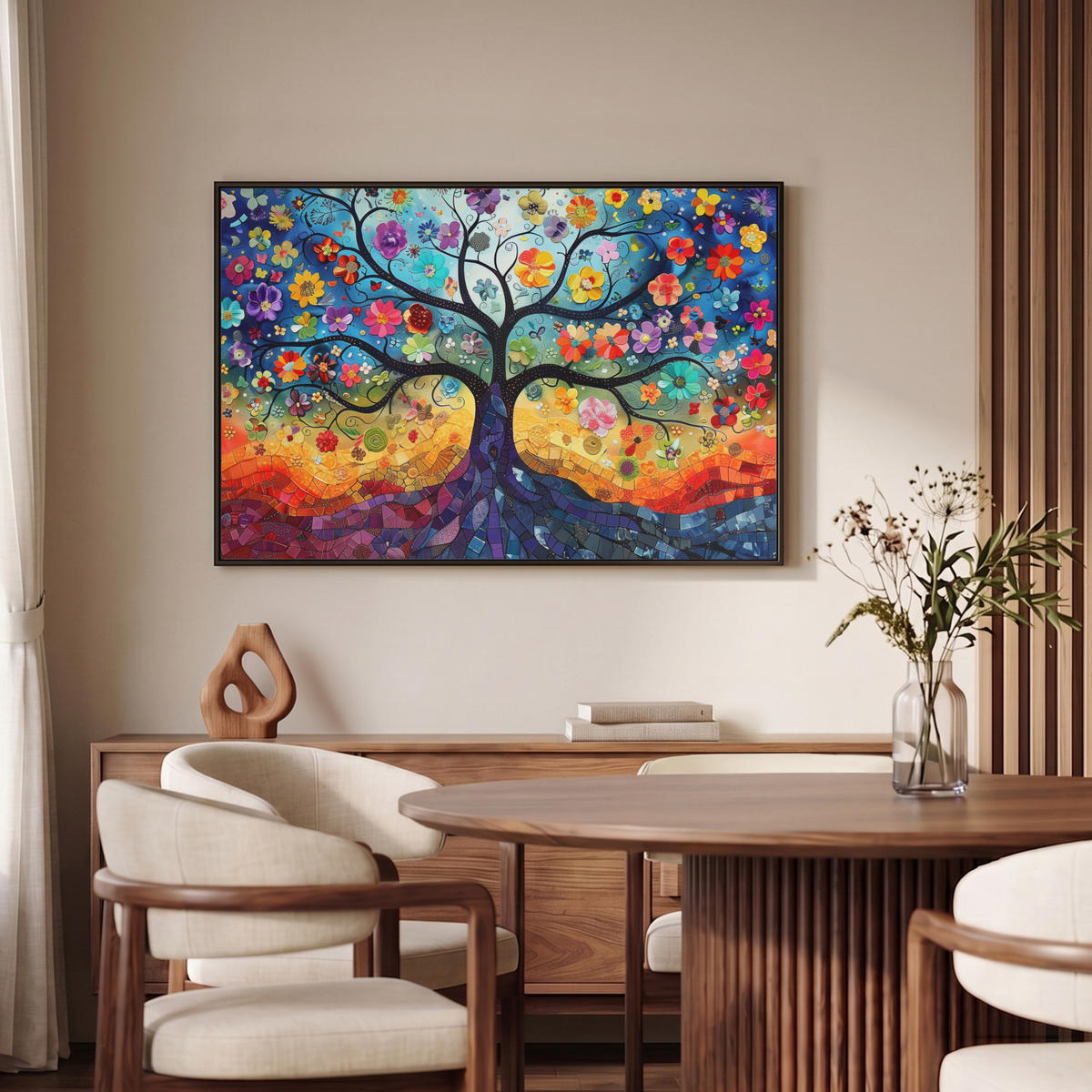 LEINWAND Bilder mit Rahmen - Kunst - Baum des Lebens - Blumen - Hippie - 90x60 - Dunkelblau, Textil (90/60cm) - MuchoWow