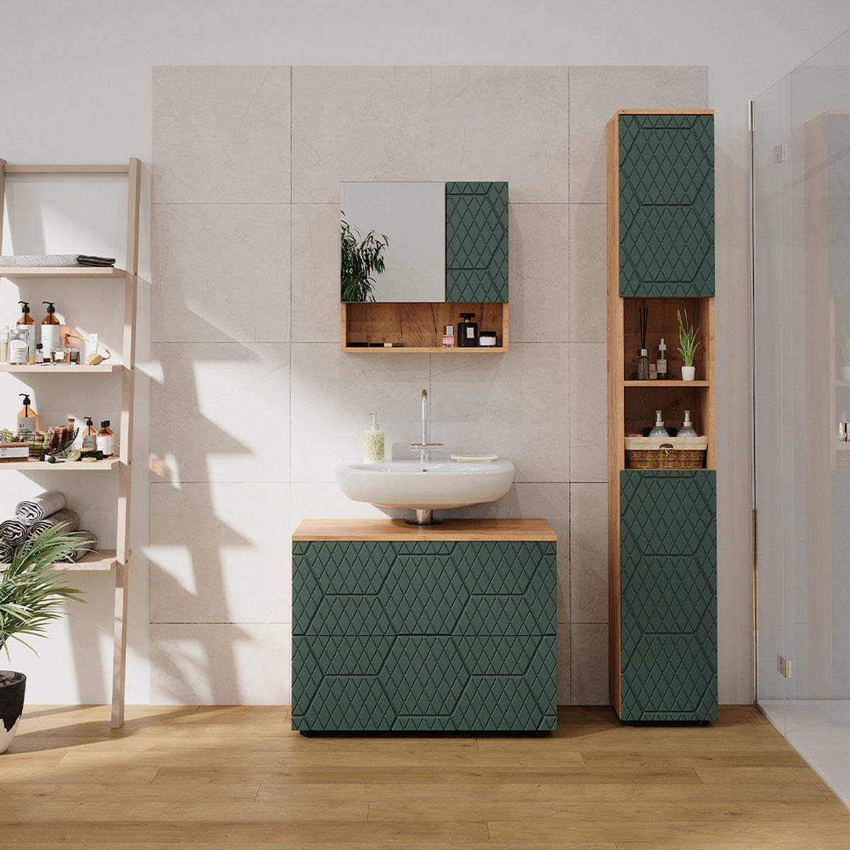 BADMÖBEL-SET Irma Grün 3 Teile, mit Schubladenschrank und Hochschrank - Honigeiche/Grün, Holzwerkstoff (80/58.6/41cm) - Vicco