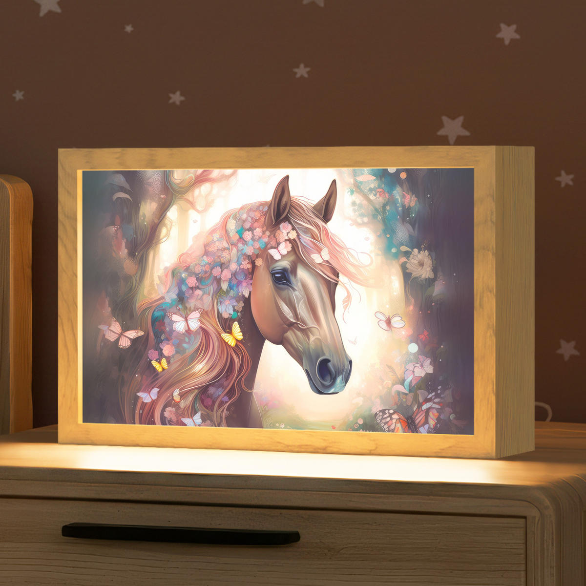 NACHTTISCHLAMPE Pferd - Natur - Blumen - Schmetterlinge - Wald 30x20 cm - Dunkelbraun, Holzwerkstoff (8/30/20cm)